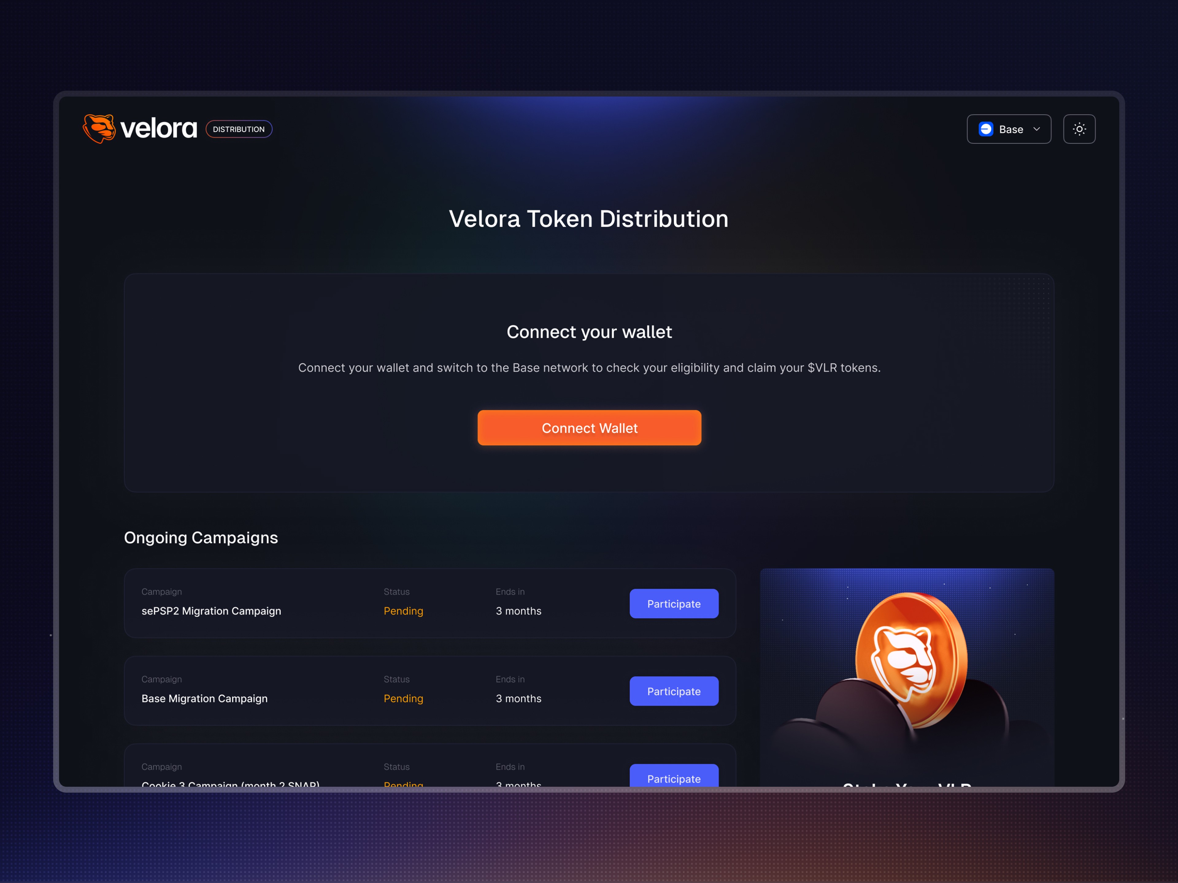 Disconnected wallet state of the platform, dark theme