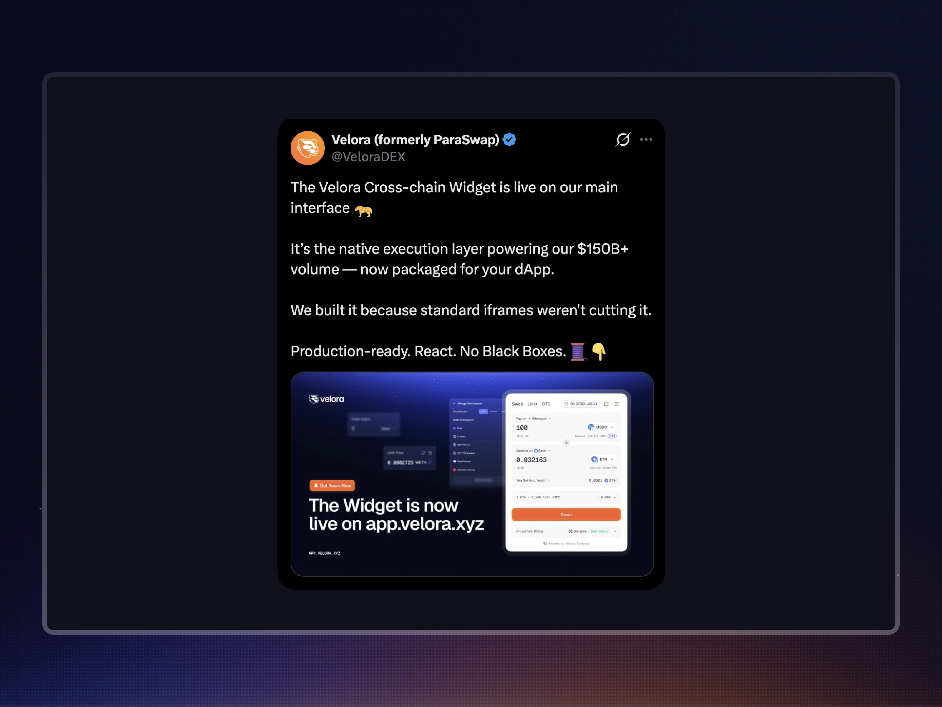 Velora Widget announcement on Twitter/X