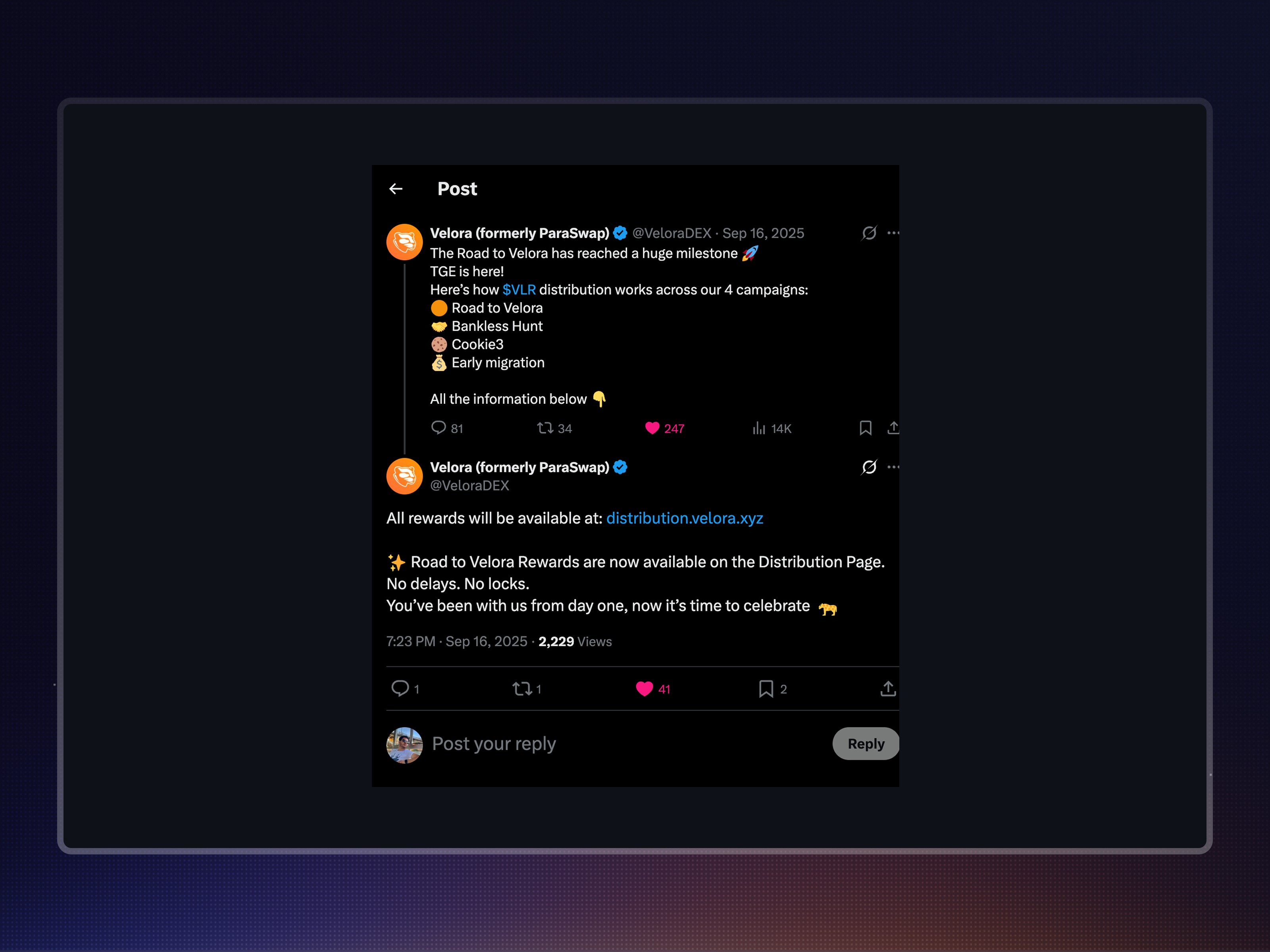 Twitter announcement of the distribution platform following the TGE launch on September 16, 2025