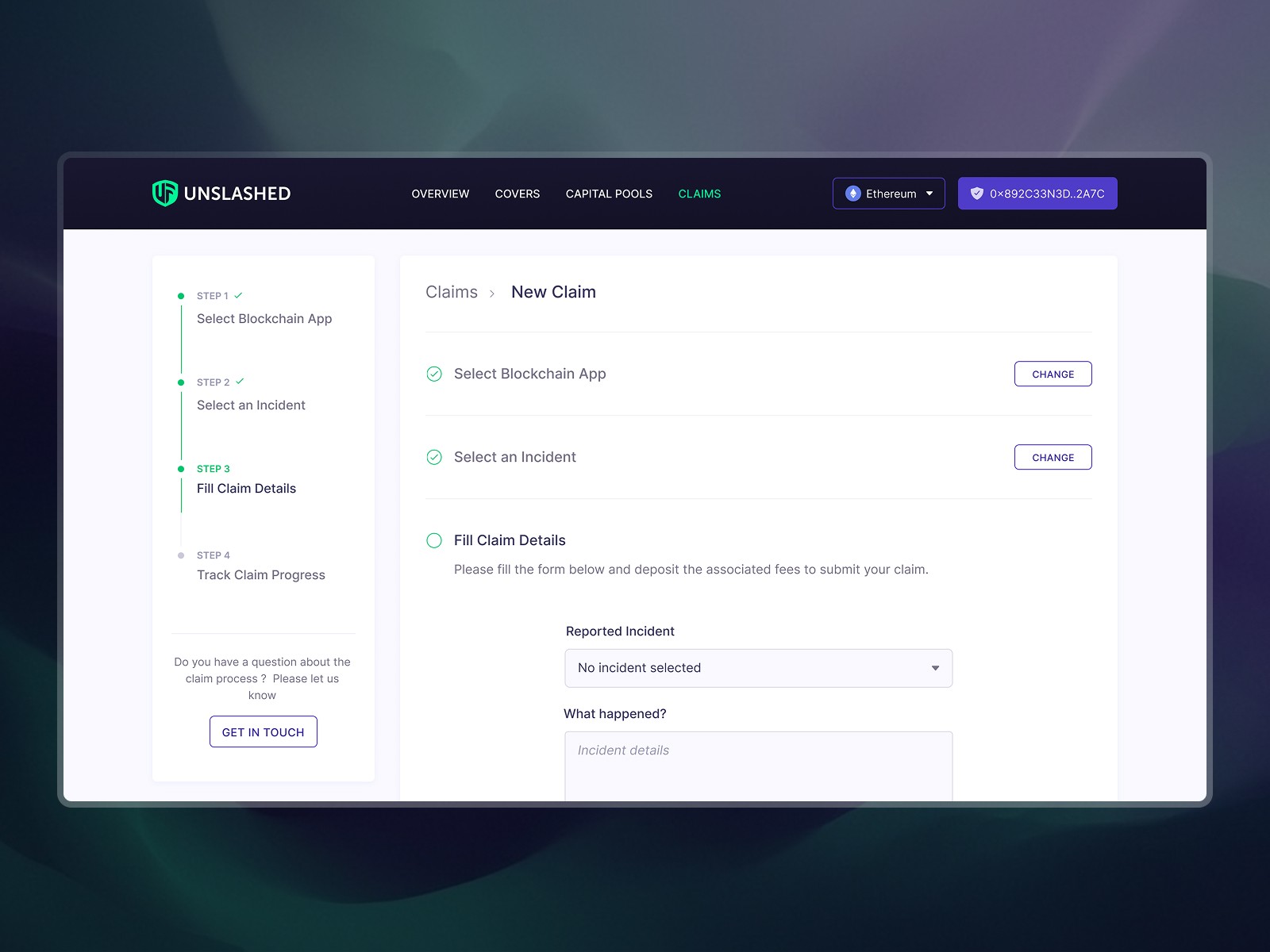 Form screen showcasing an example of a claim procedure where a user can claim coverage for a protocol incident and verify their eligibility for coverage funds