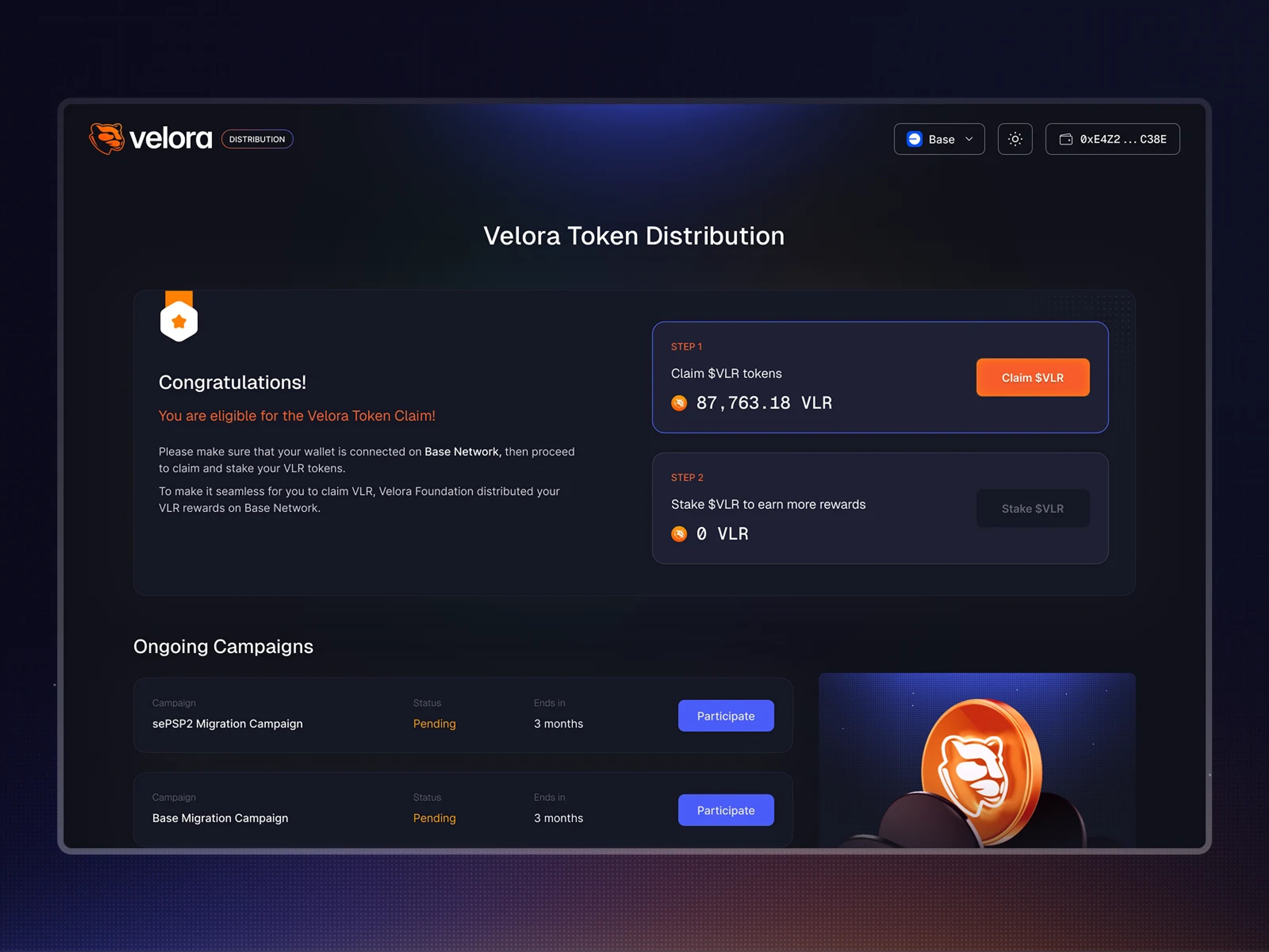 Connected state of the platform, where users can check their eligibility, claim and stake their rewards