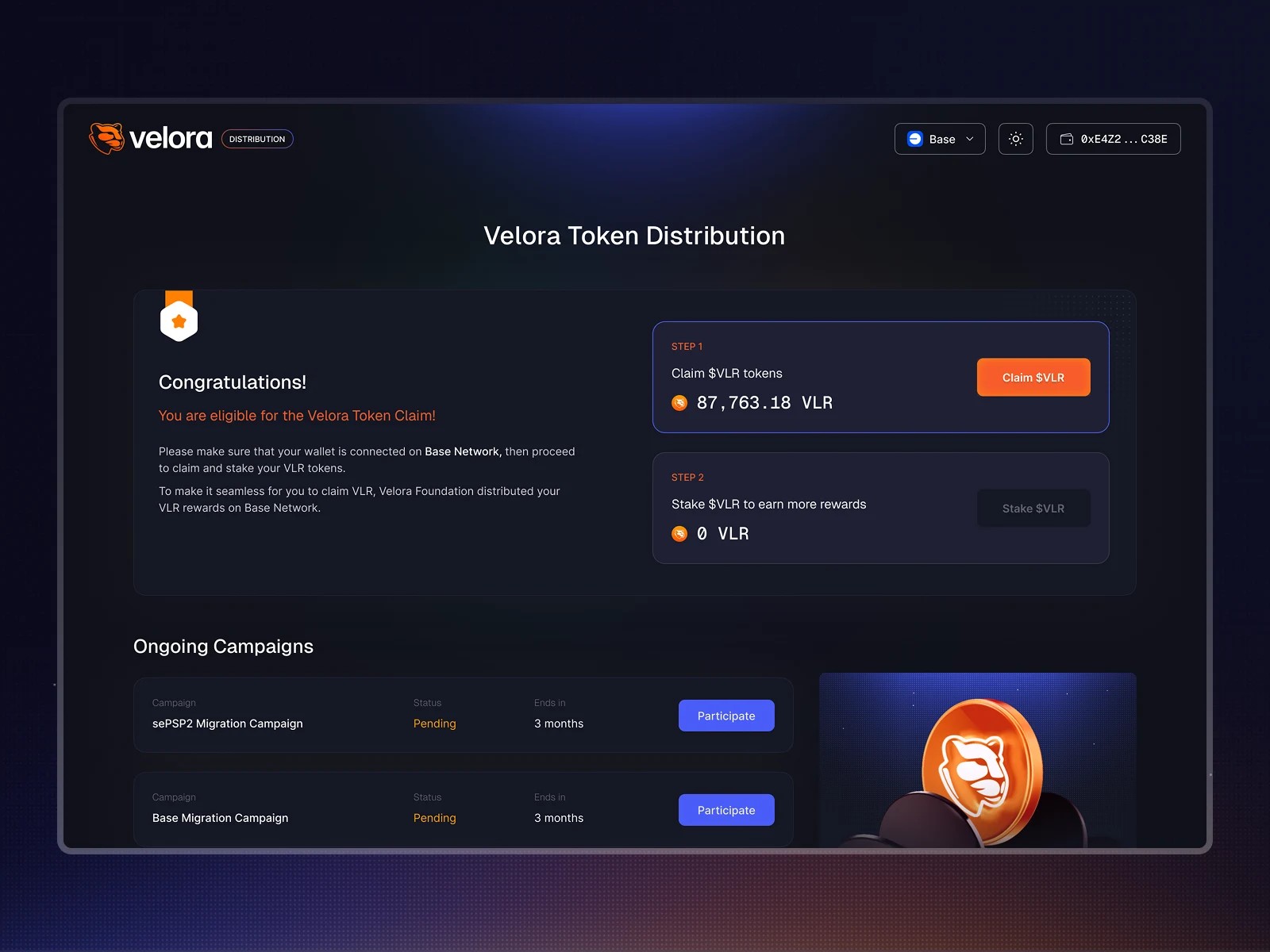 Connected state of the platform, where users can check their eligibility, claim and stake their rewards