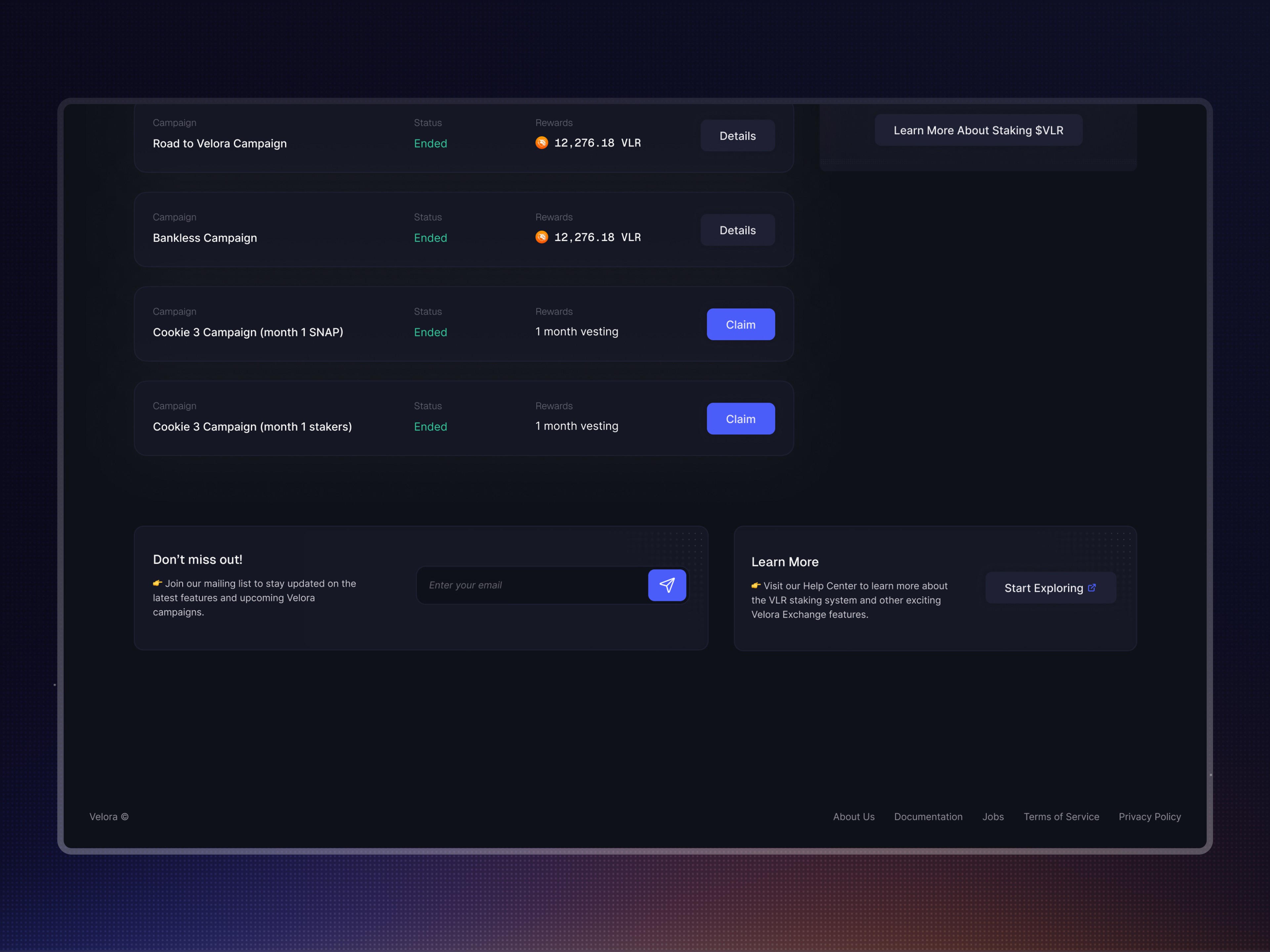 Retention elements of the interface, inviting users to keep in touch for future campaigns, and "learn more" about VLR and its distribution