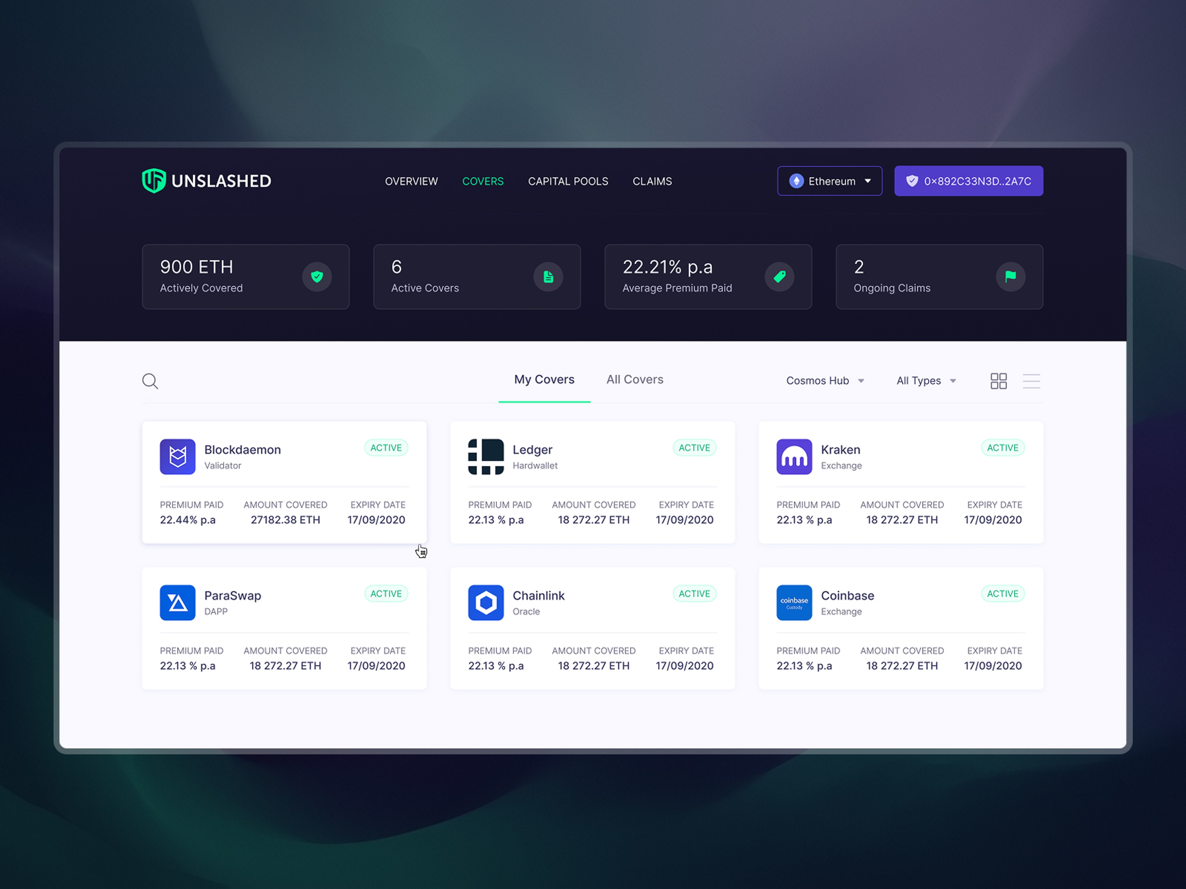 Covers screen for a connected wallet, cards view