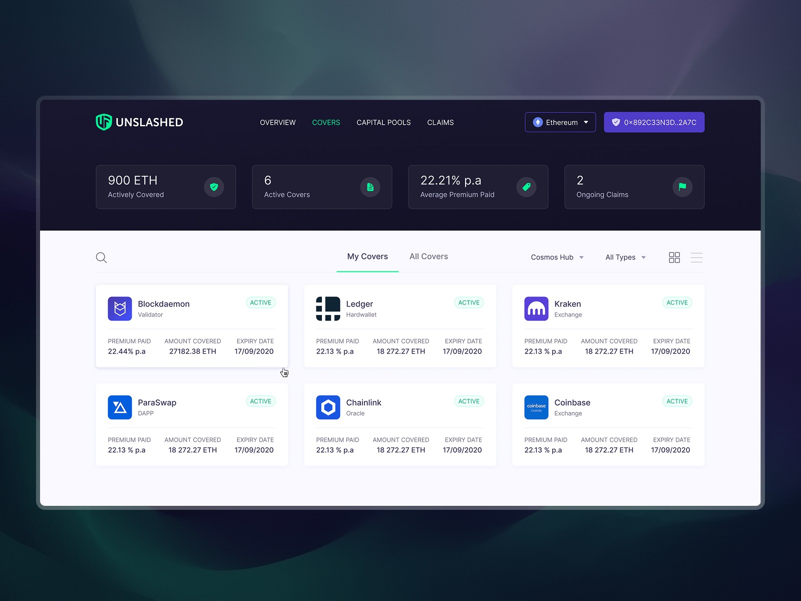Covers screen for a connected wallet, cards view