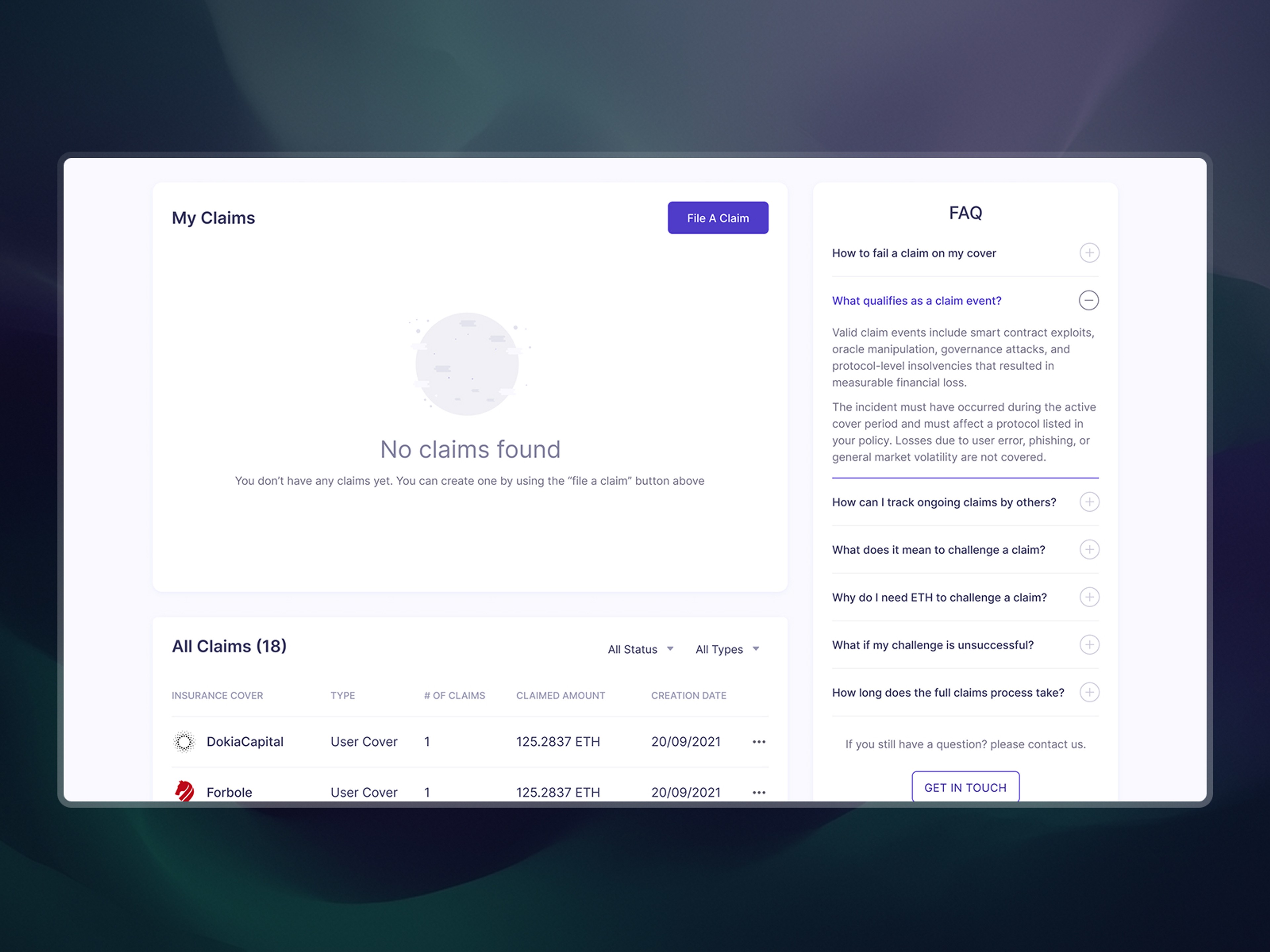 List of claims where users claim insurance coverage over incidents affecting them and involving protocols under their coverage