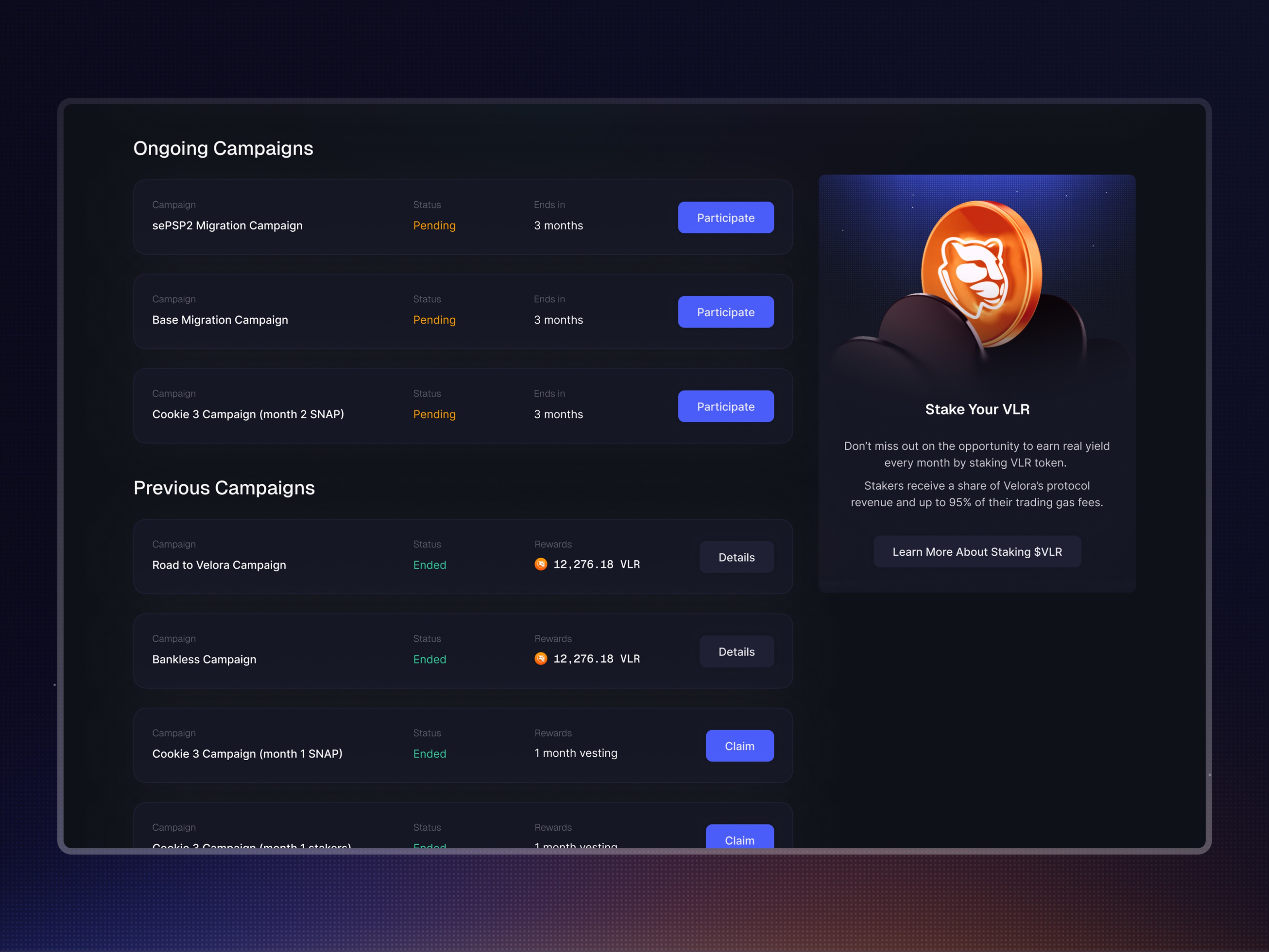 List of campaigns to invite users to participate and details about their rewards from previous campaigns