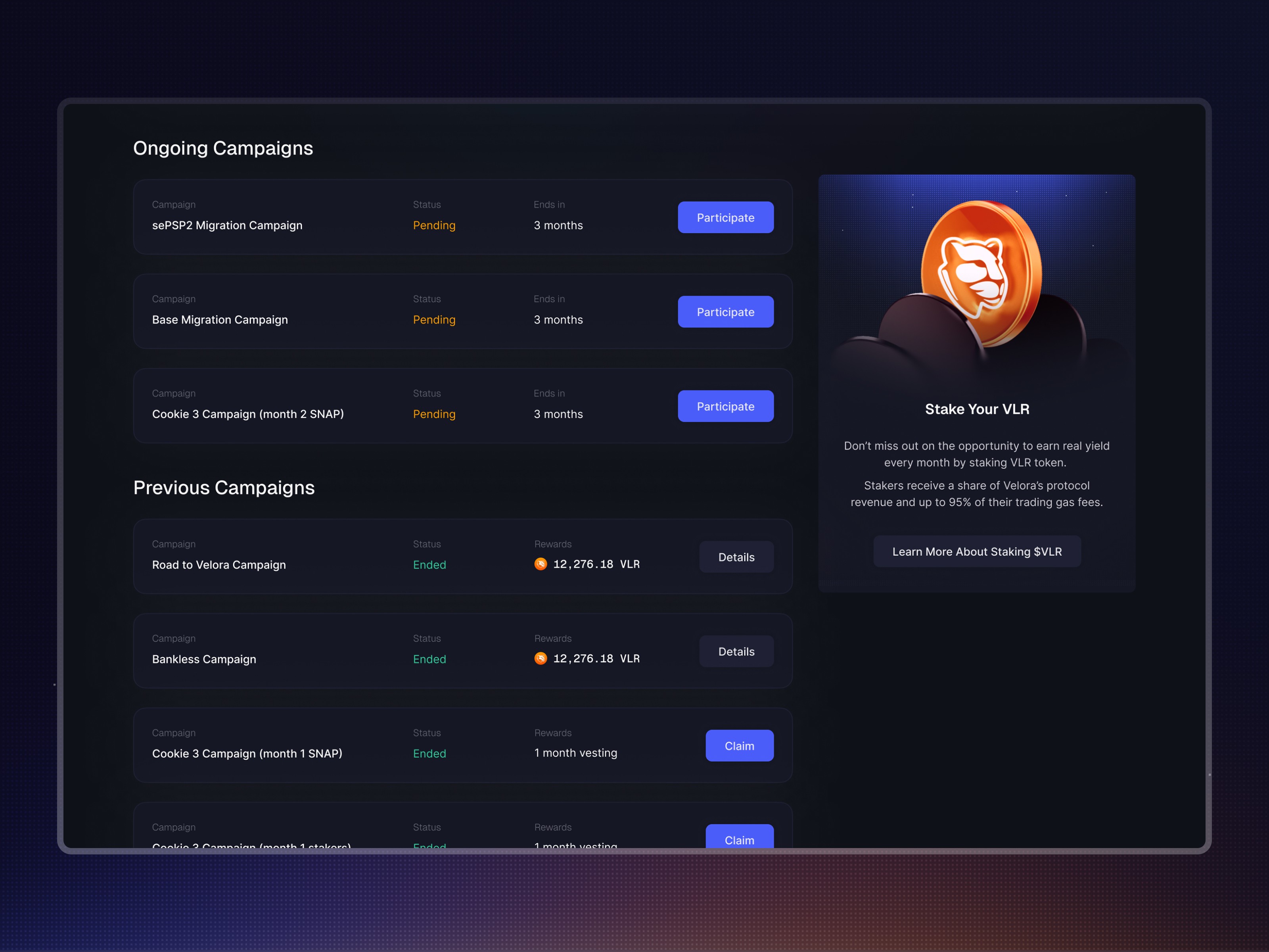 List of campaigns to invite users to participate and details about their rewards from previous campaigns
