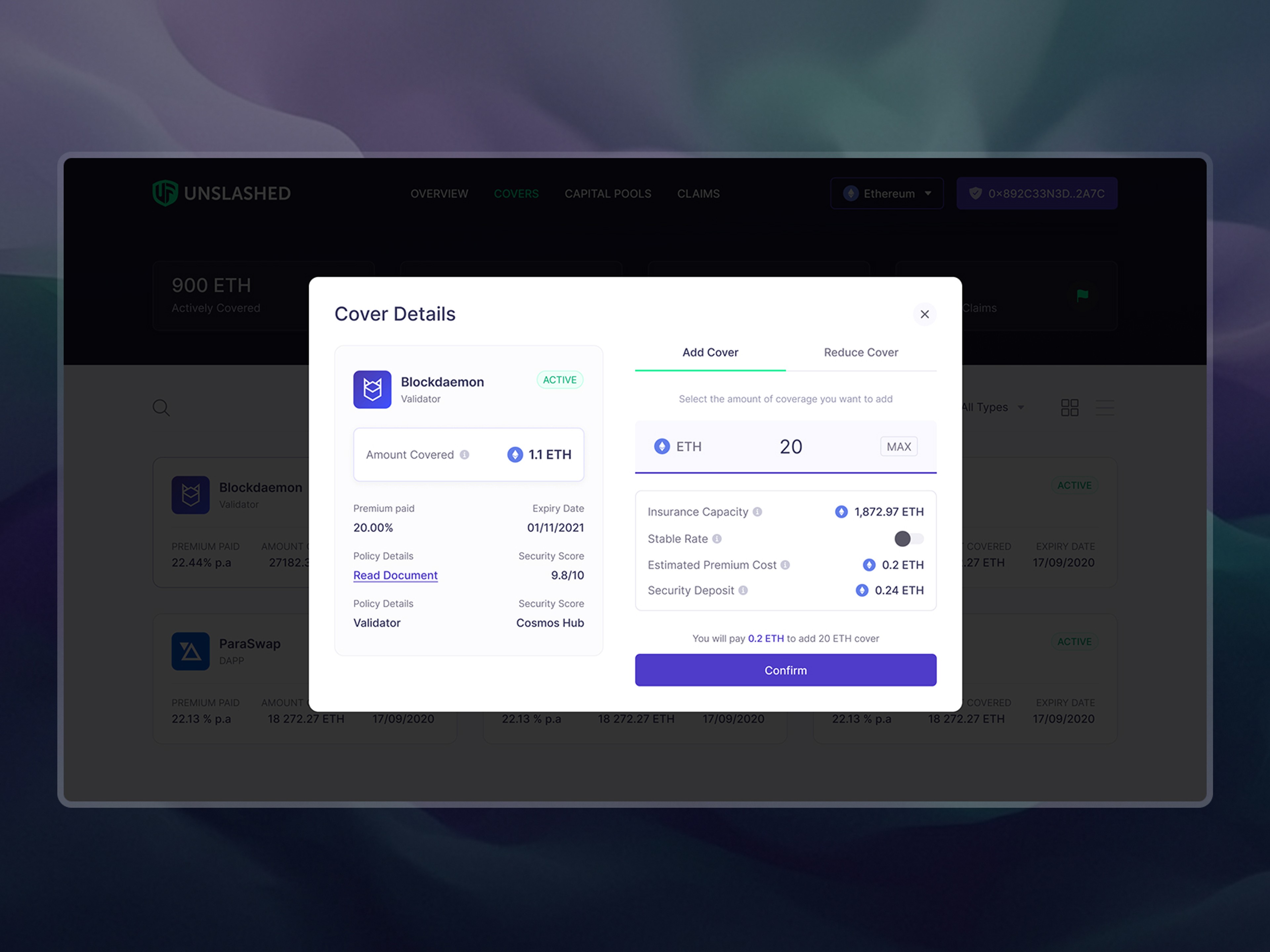The details view of an insurance policy cover allows users to add or reduce capital to their coverage.