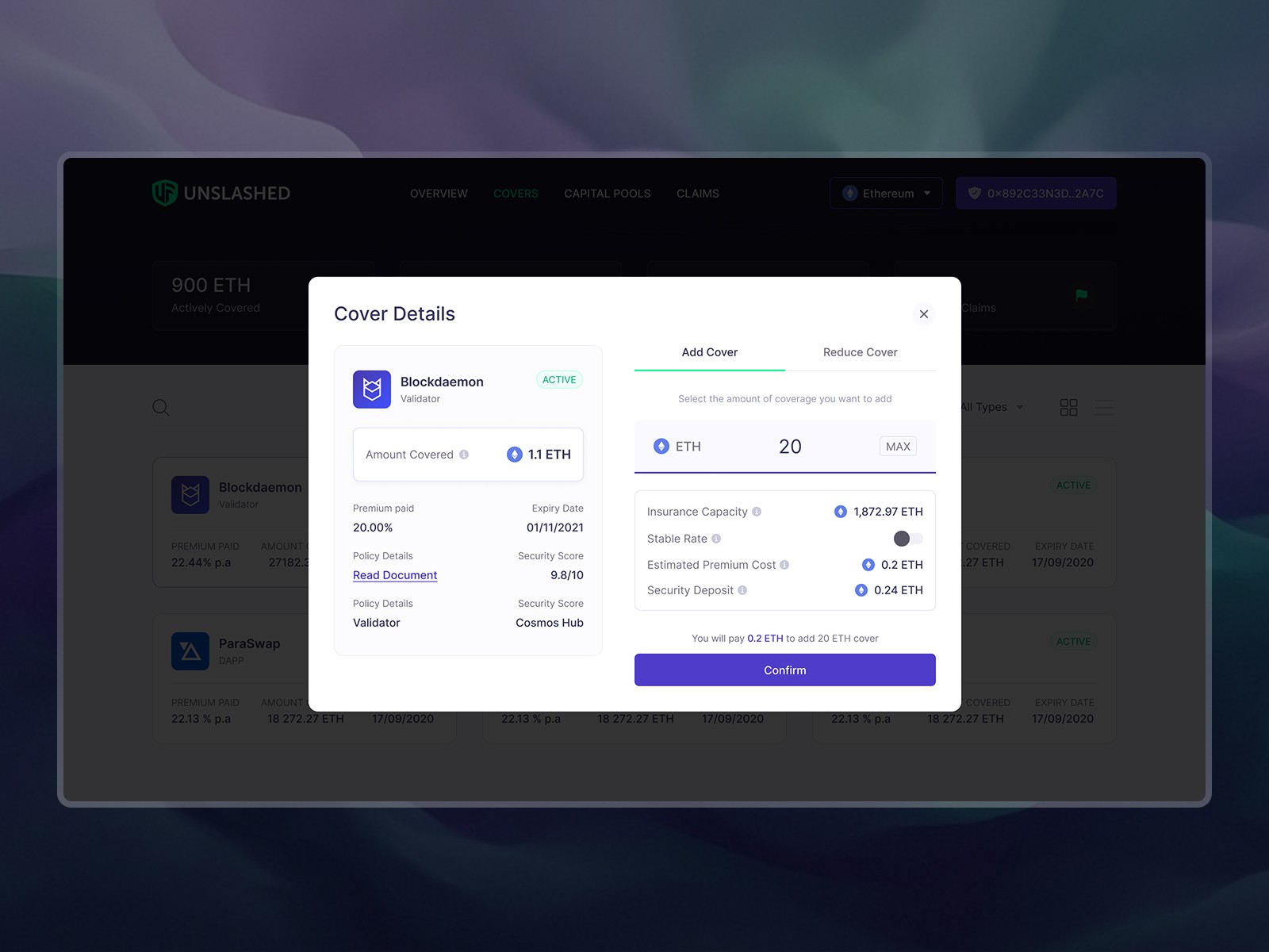 The details view of an insurance policy cover allows users to add or reduce capital to their coverage.