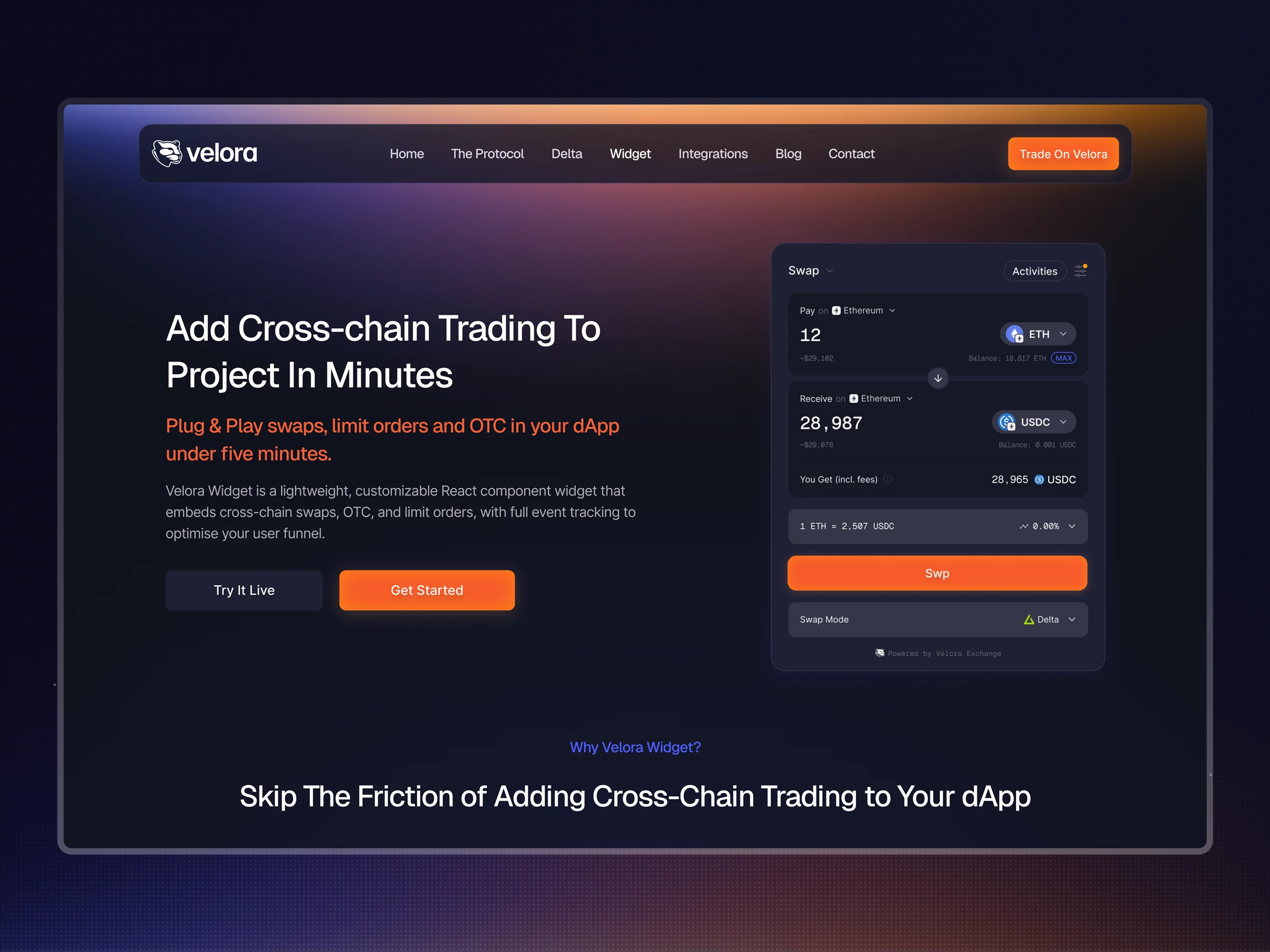 Landing page dedicated to Velora Widget product
