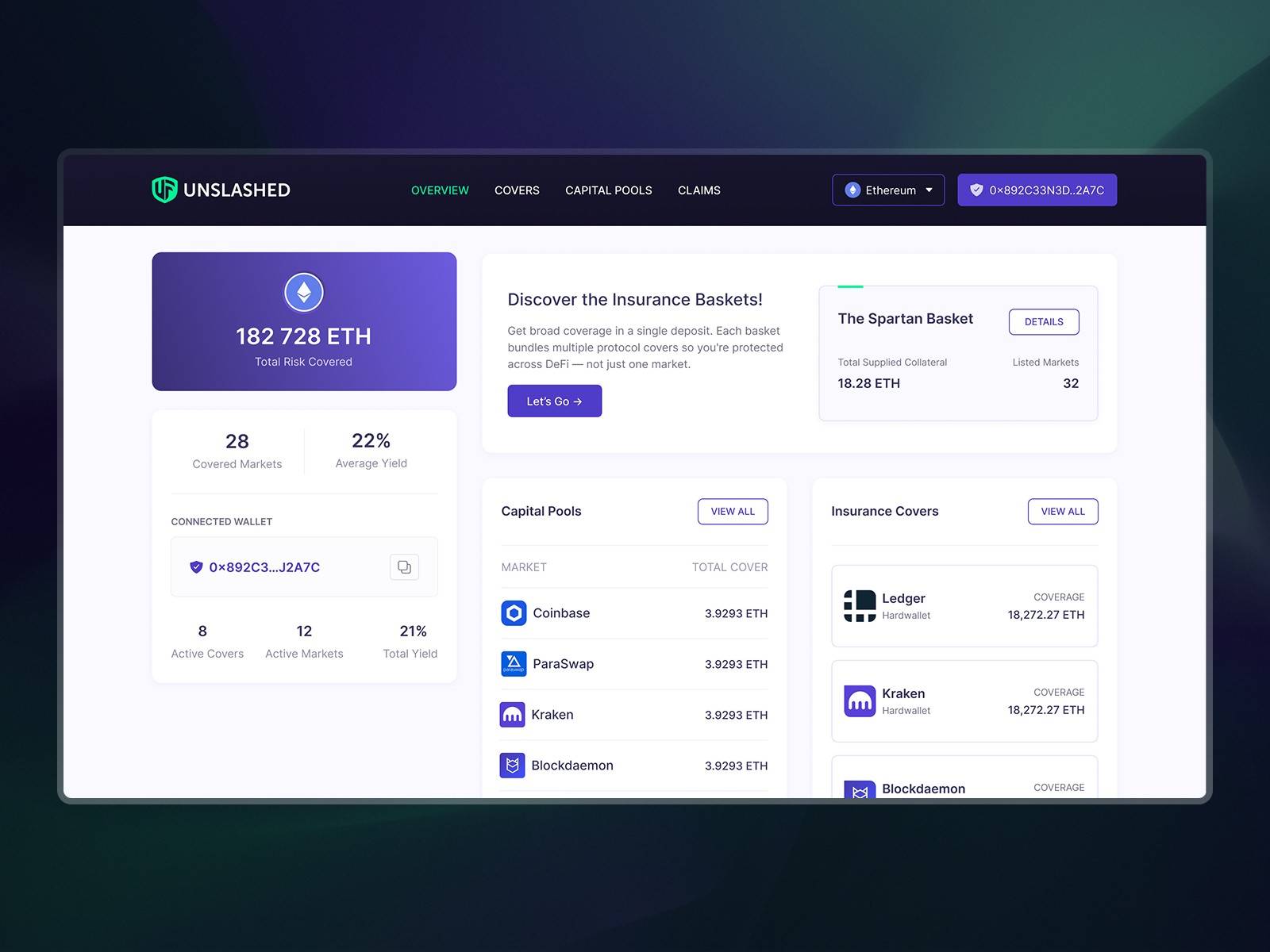 Overview screen of Unslashed Finance