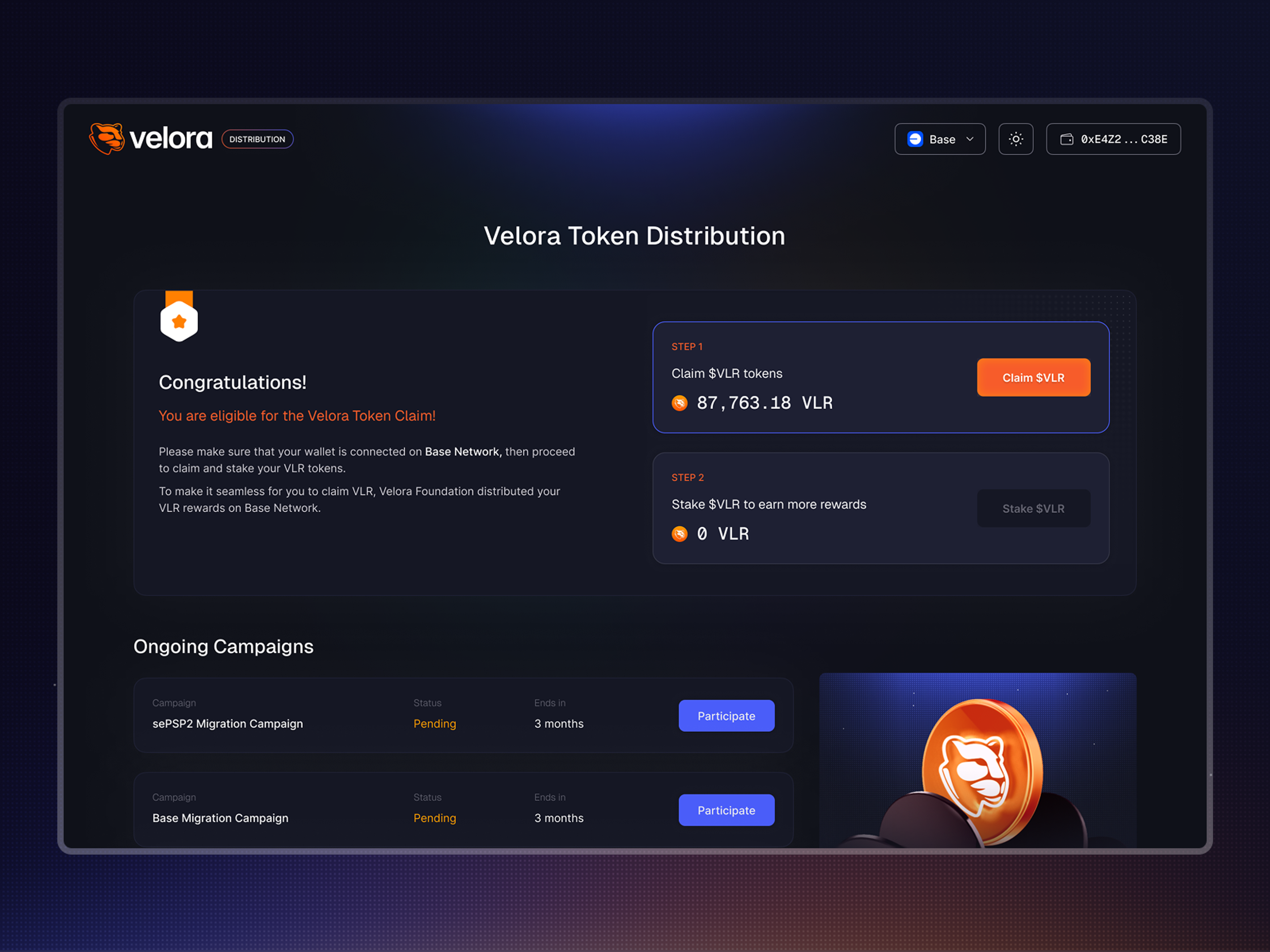 Connected state of the platform, where users can check their eligibility, claim and stake their rewards