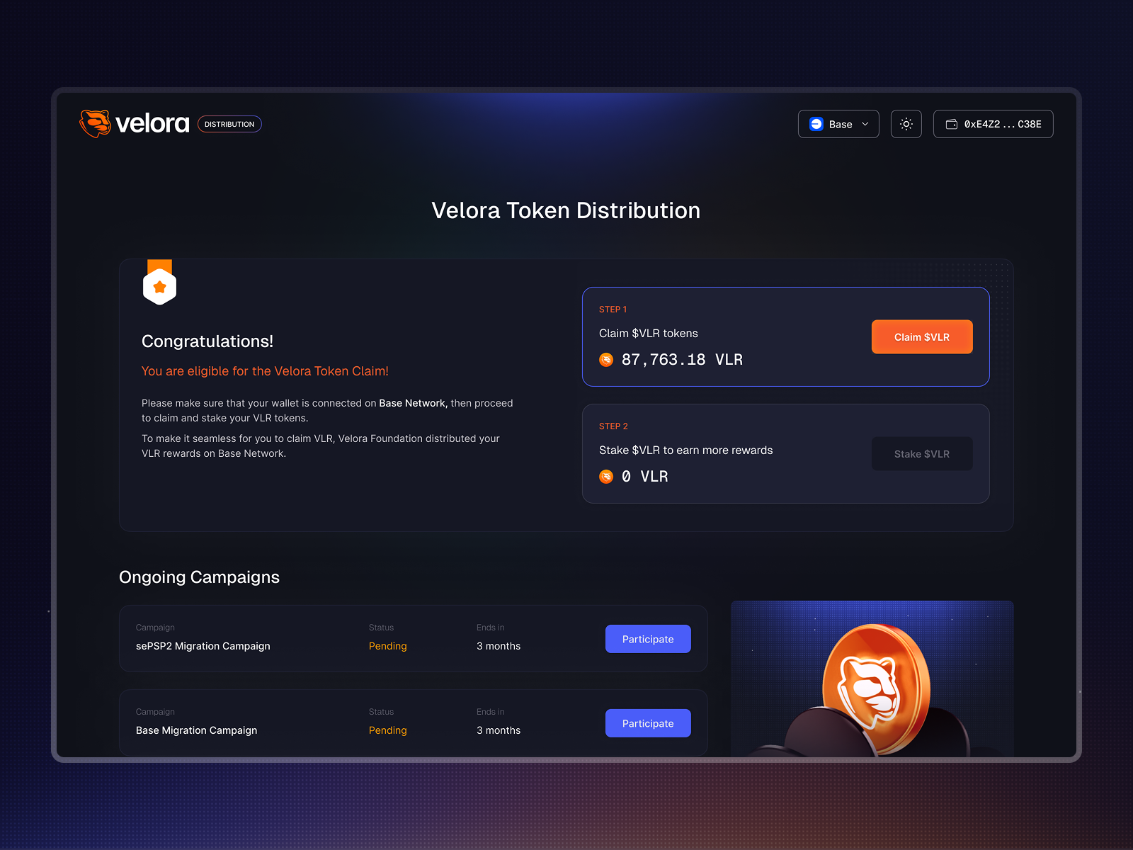 Connected state of the platform, where users can check their eligibility, claim and stake their rewards