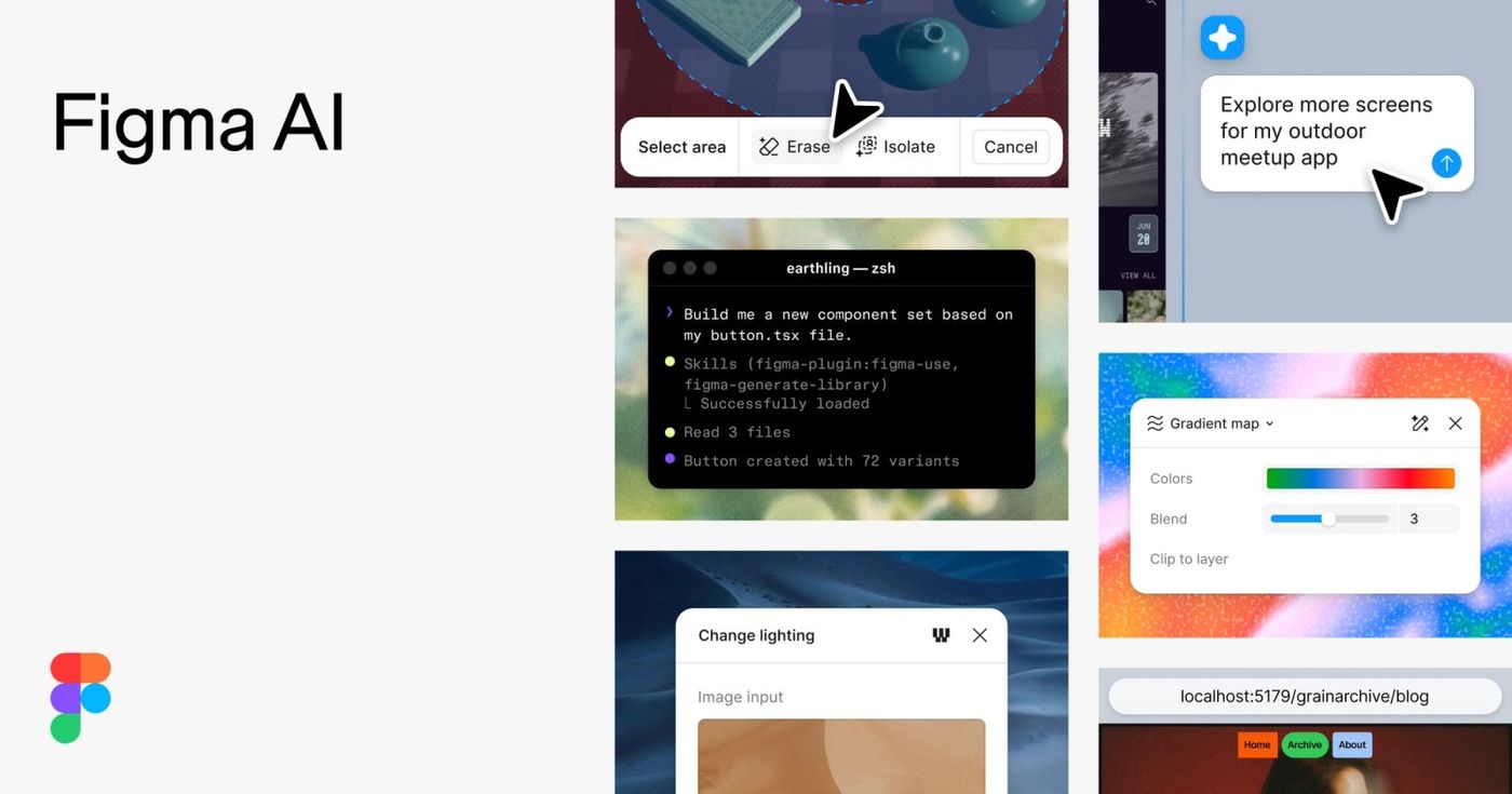 Figma AI collage showing AI-assisted interface editing, prompting, code skills, and image tools.