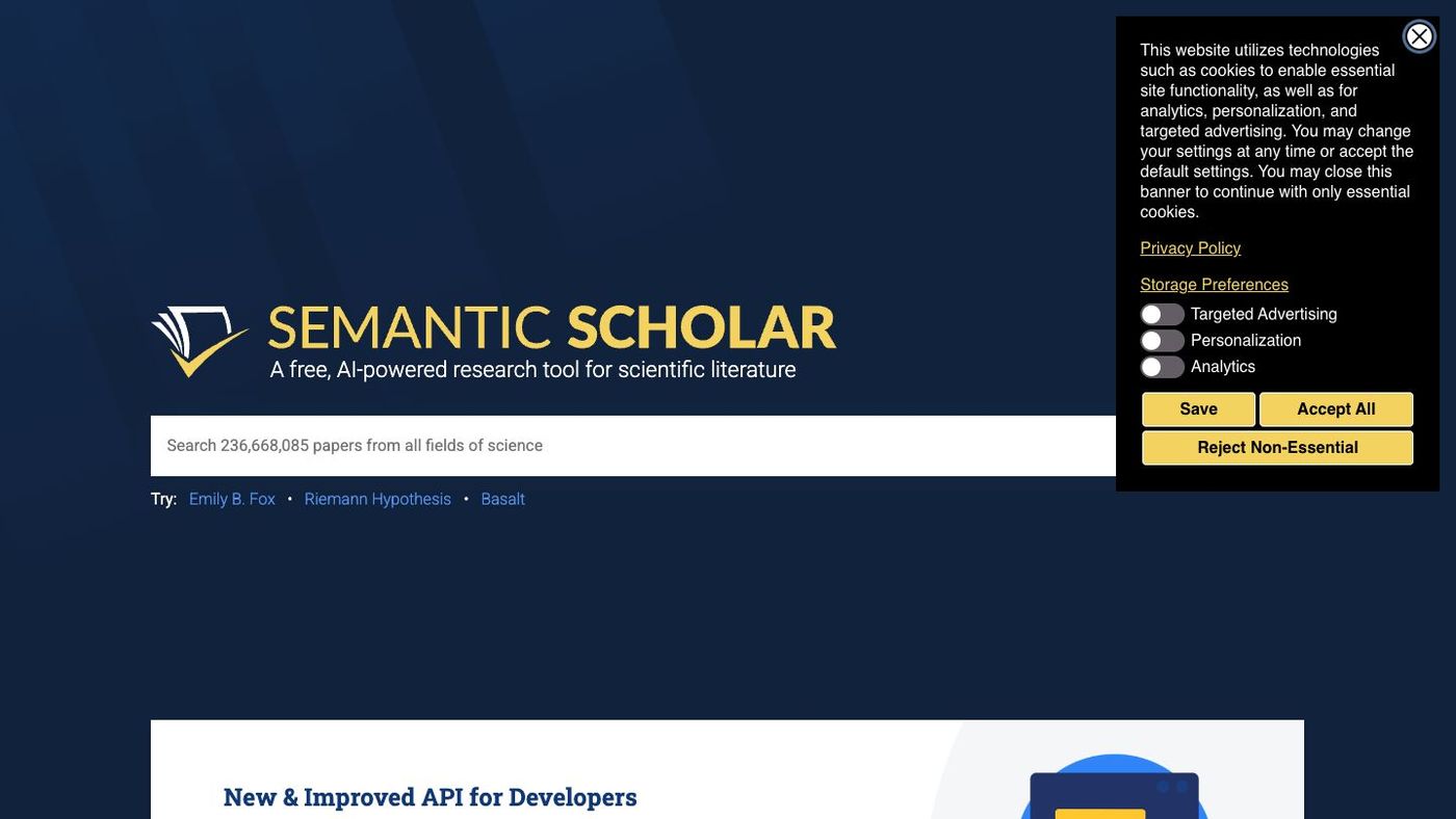 Semantic Scholar research search interface showing academic paper discovery.