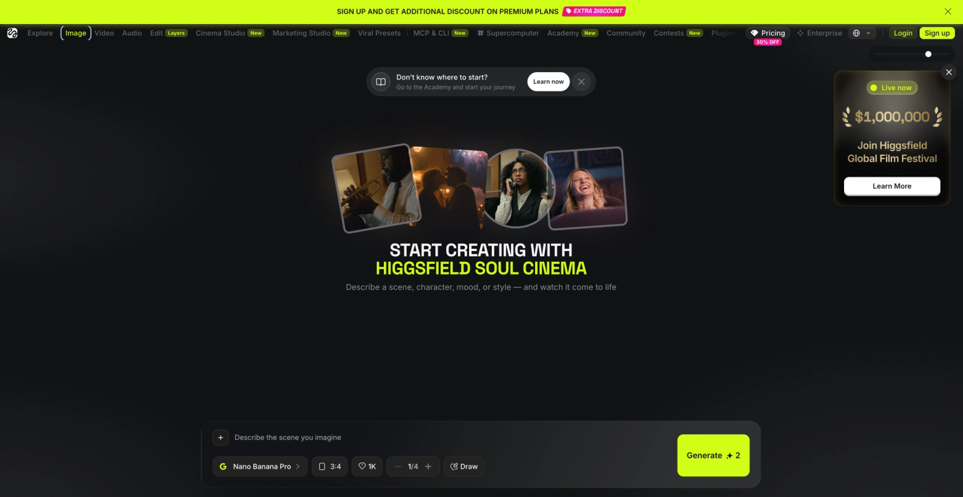 Higgsfield AI creative workspace with generation controls and project tools.