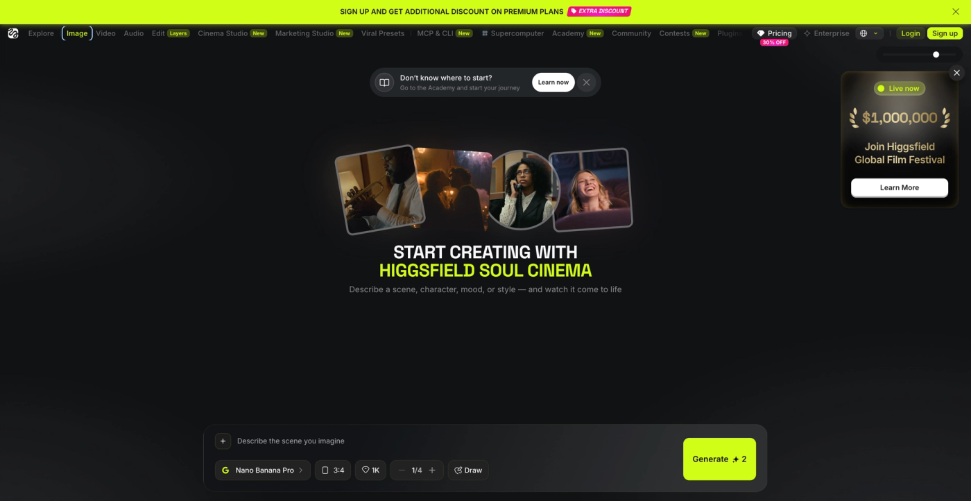 Higgsfield AI creative workspace with generation controls and project tools.
