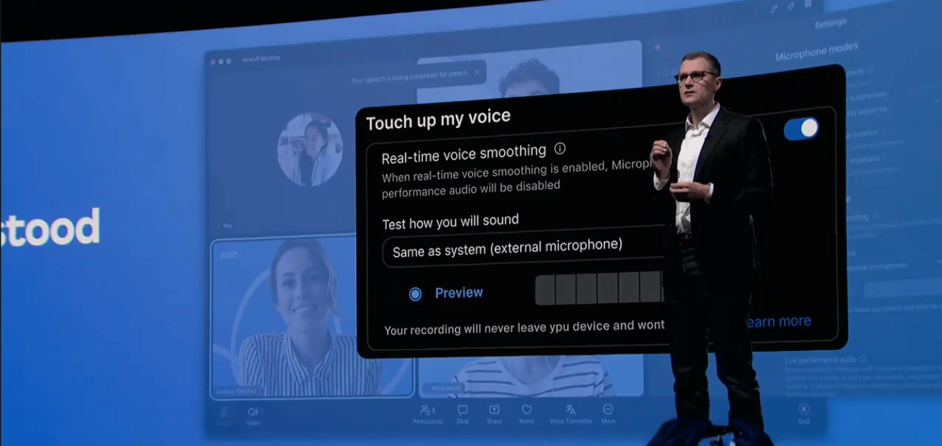 Zoomtopia presentation showing Zoom’s upcoming Touch up my voice feature.