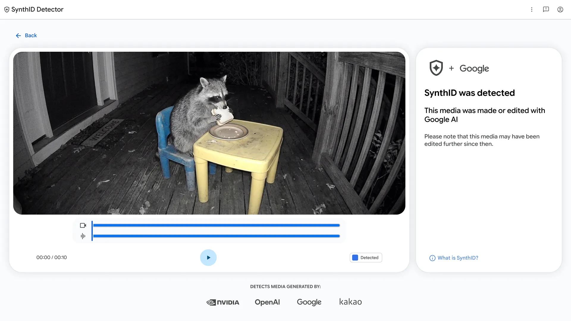 Google’s SynthID Detector demonstration shows an AI-generated night-vision video of a raccoon eating a sandwich.