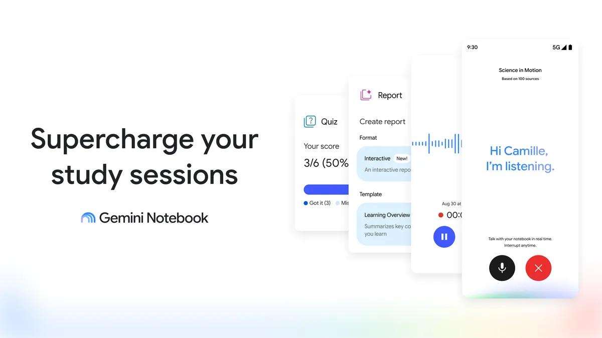 Google’s Gemini Notebook study tools, including learning overviews and quizzes.