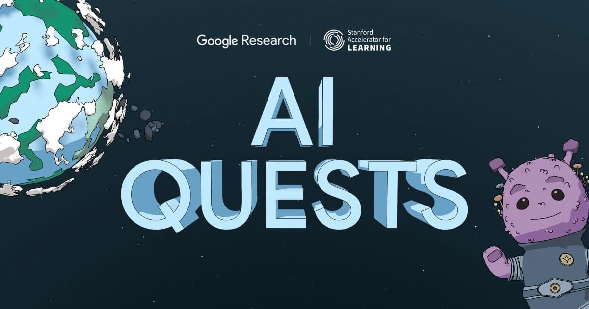 AI Quests artwork with Earth and a purple space character, from Google Research and Stanford.