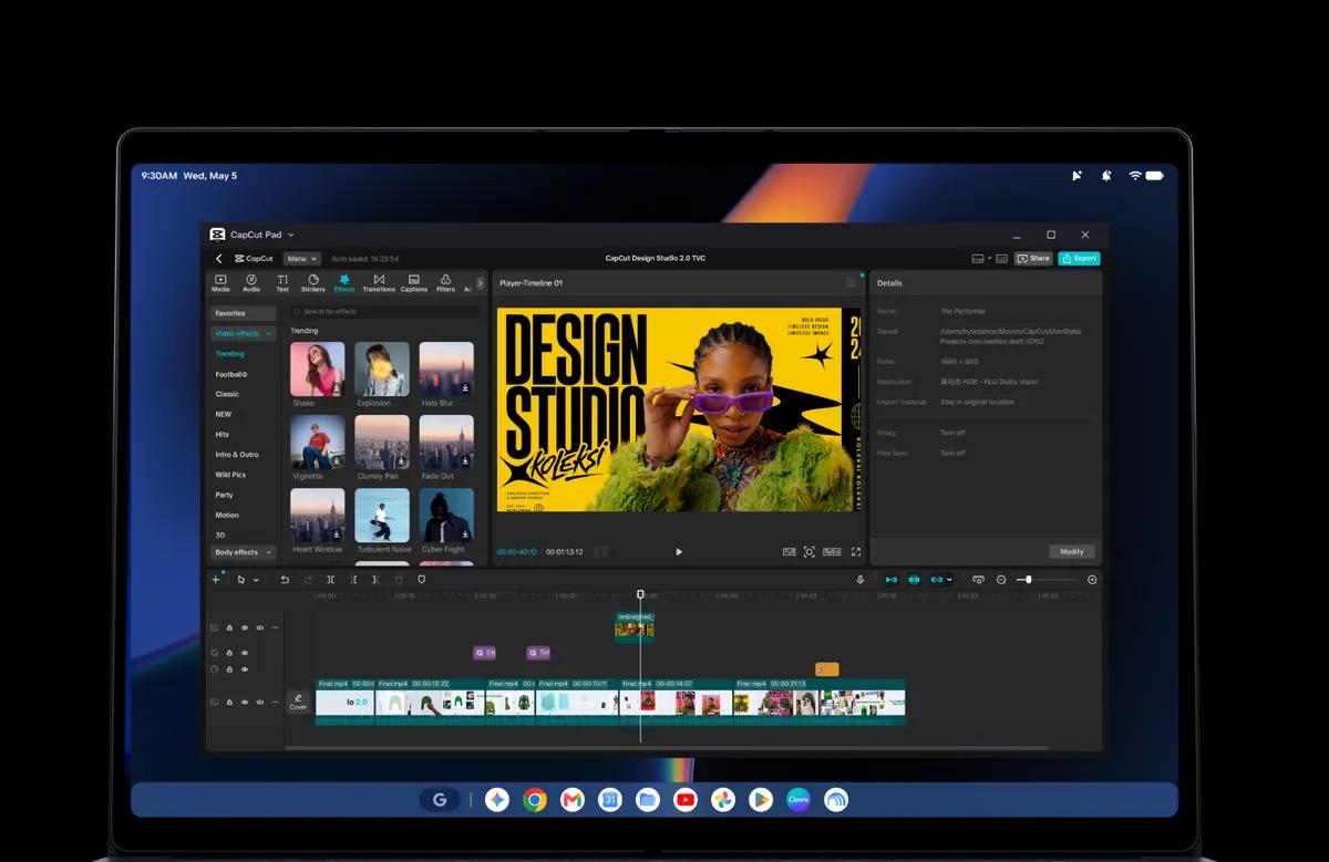 Googlebook laptop displaying the CapCut video editor, from Google’s official launch article.