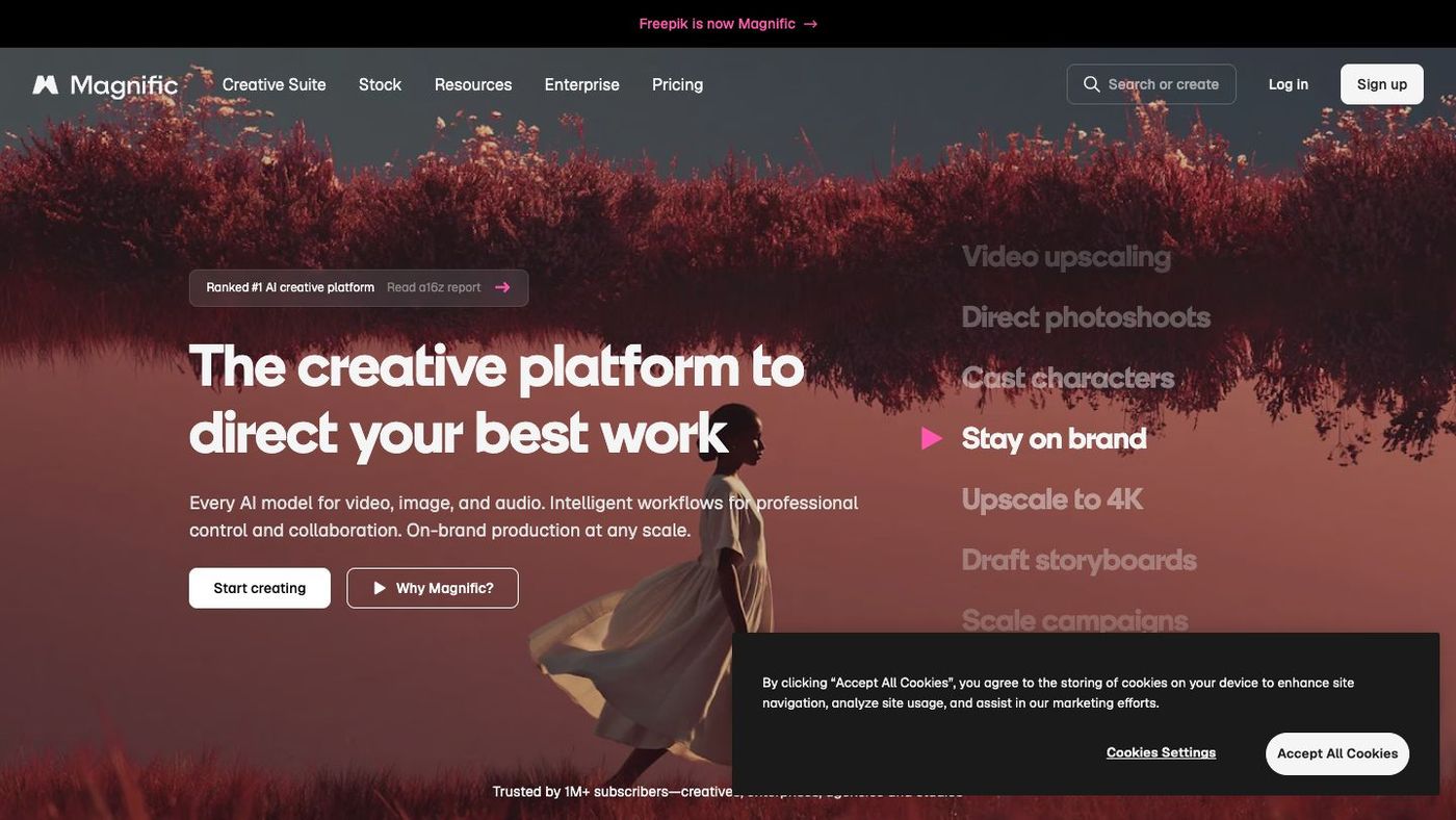 Magnific creative workspace for generating and editing AI visual content.
