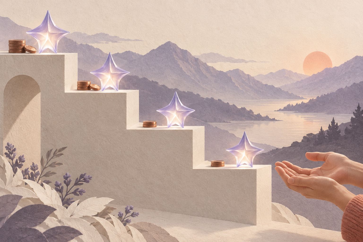 Glowing stars and fewer coins on descending steps, within reach of open hands: an AI-generated illustration of falling AI costs.
