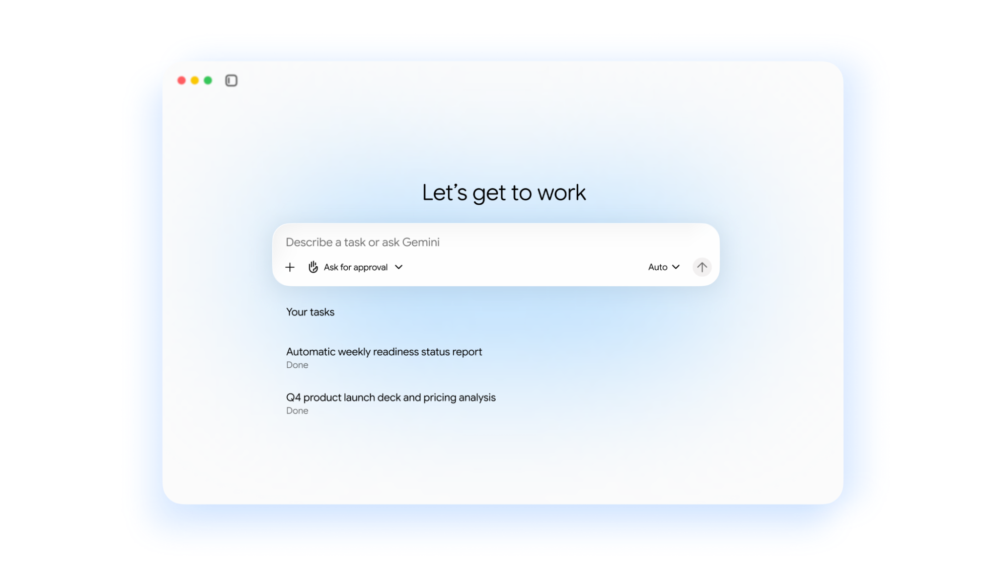 Google’s Gemini work-agent interface, showing a task prompt and completed work.