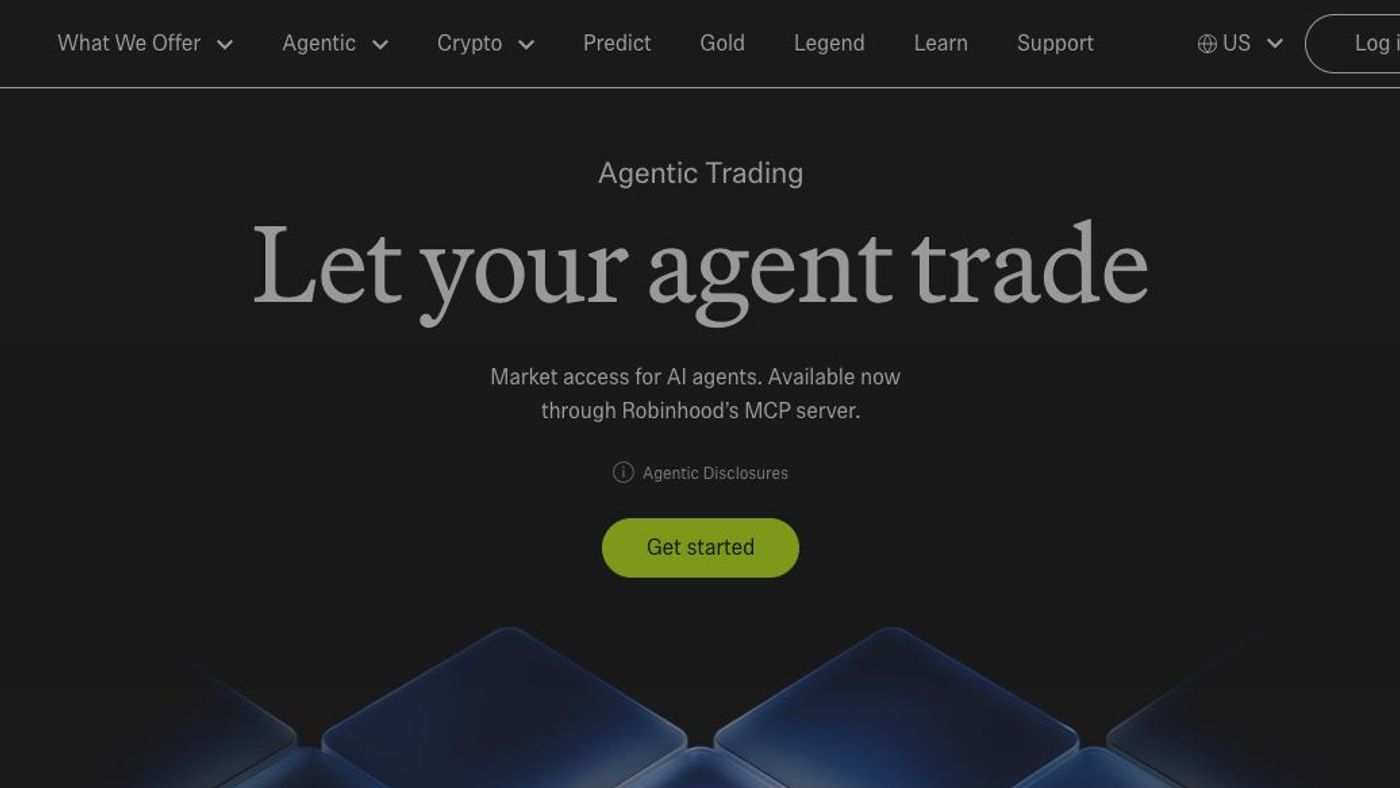 Robinhood Agentic Trading product page centered on the Agentic Trading hero, cropped above the cookie banner.