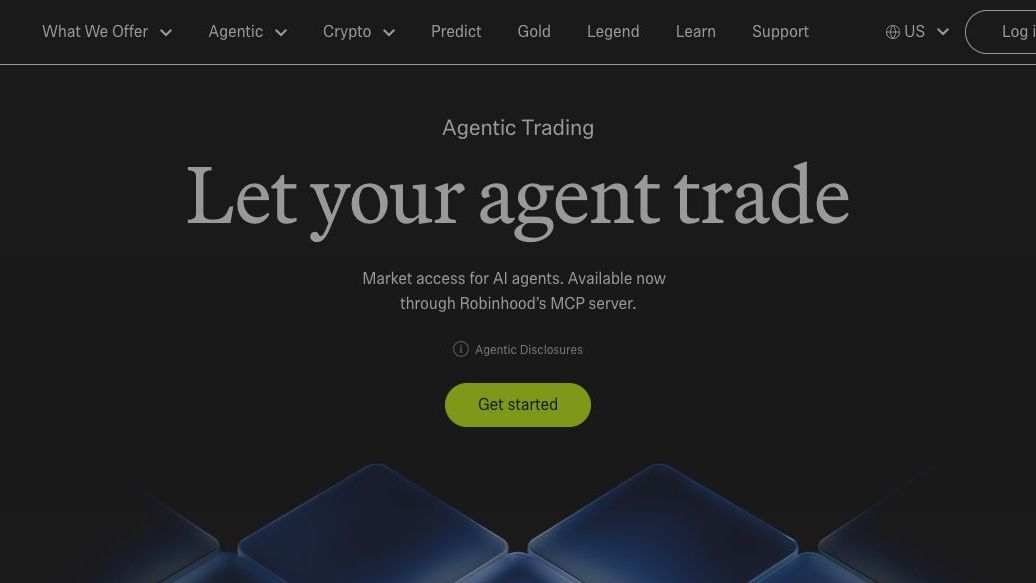 Robinhood Agentic Trading product page centered on the Agentic Trading hero, cropped above the cookie banner.
