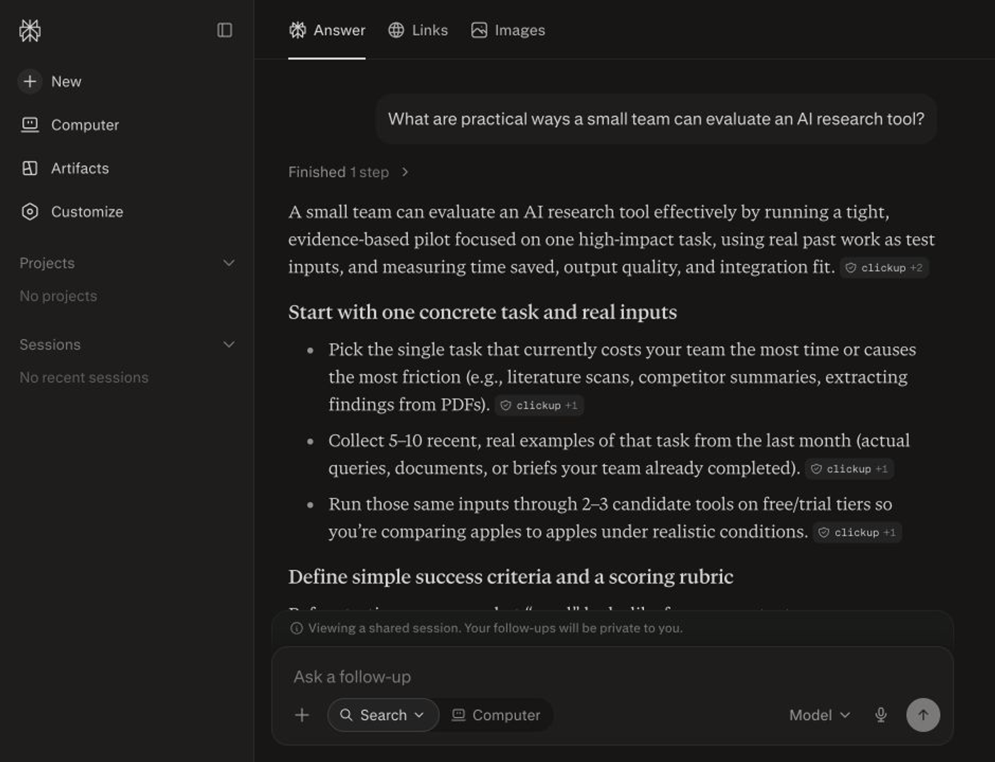 Perplexity answer interface showing a research question, a structured response, and cited sources