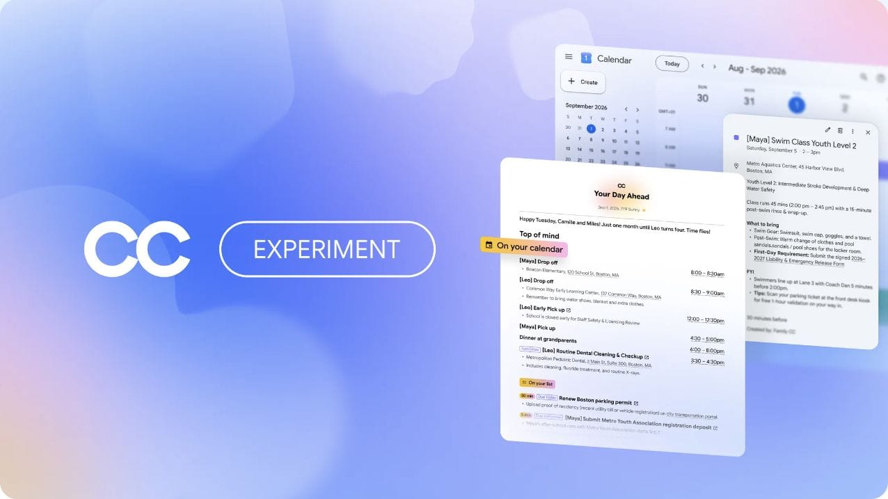 Google CC shown with a shared family calendar and daily summary.