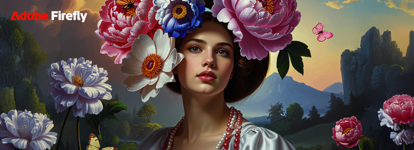 Adobe Firefly artwork of a woman framed by oversized flowers in a surreal landscape.