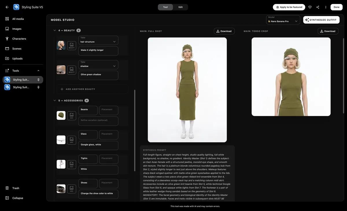 Jane Wade’s Styling Suite in Google Flow, showing digital runway styling options.
