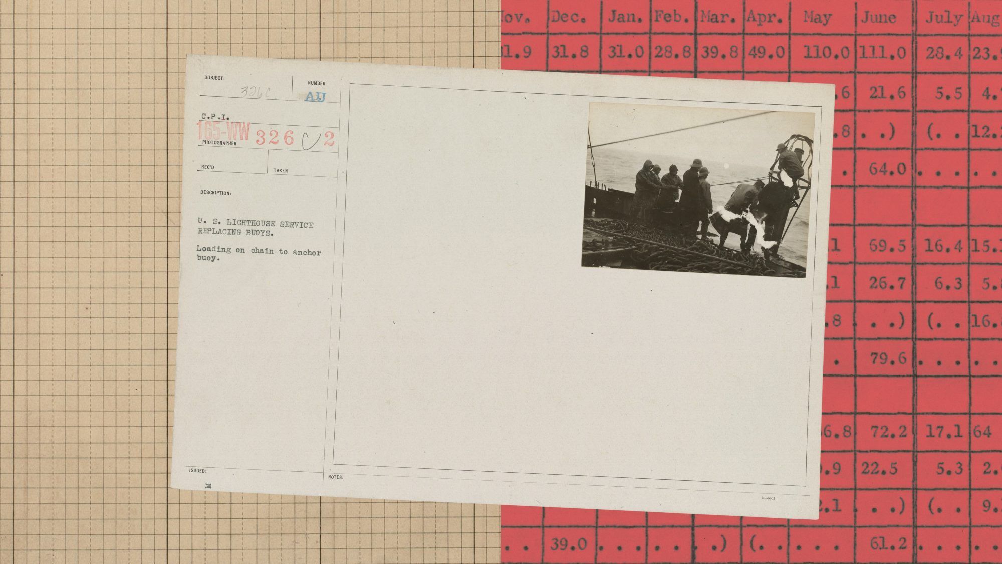 Anthropic’s Cyber Mission illustration: an archival document and photograph of workers at sea over a grid background.