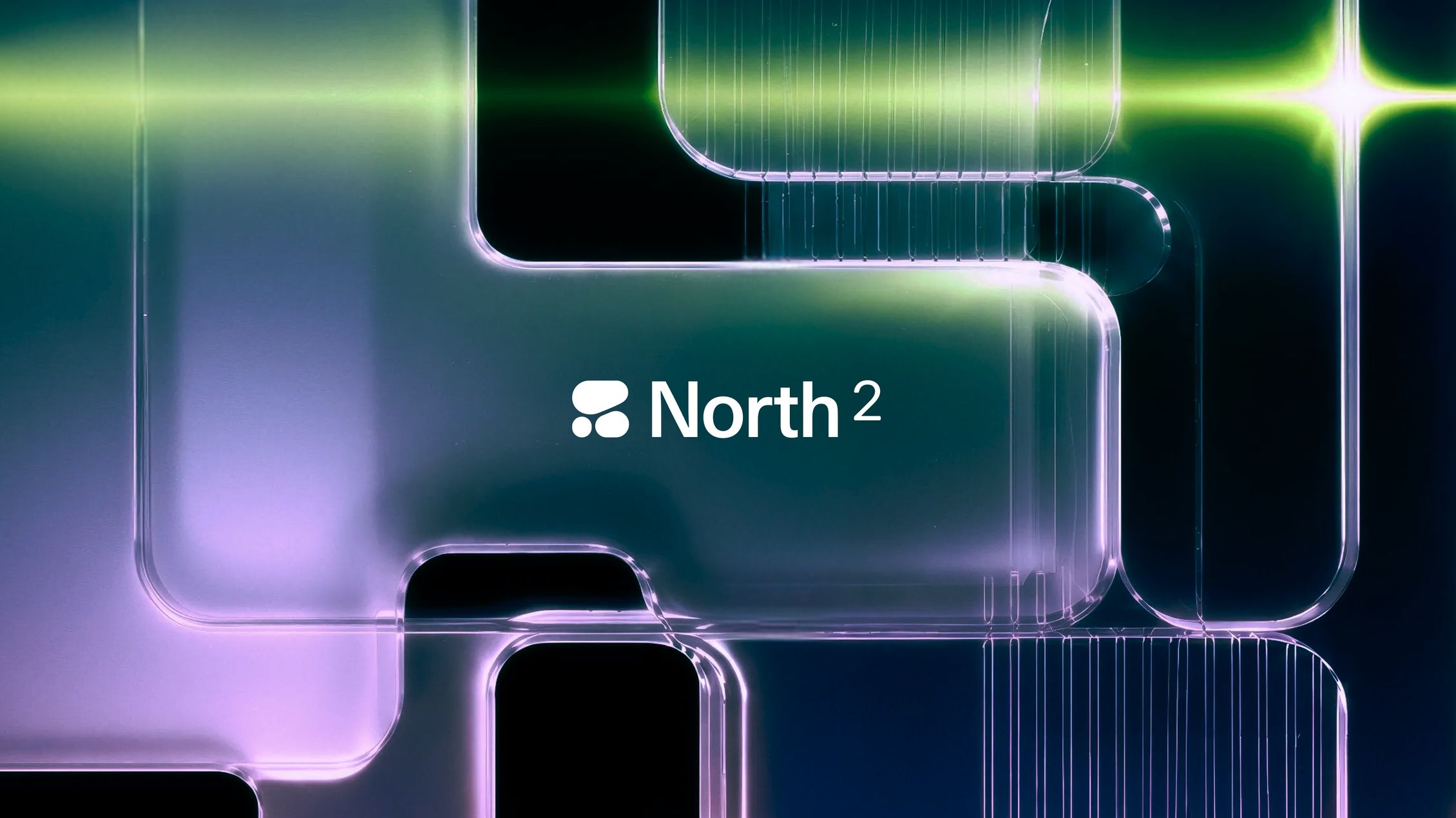 Official North 2 launch artwork from Cohere, with translucent shapes in purple and green.