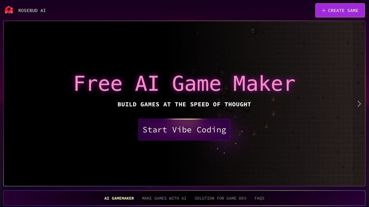 Rosebud AI game maker interface for creating a playable game with AI prompts.