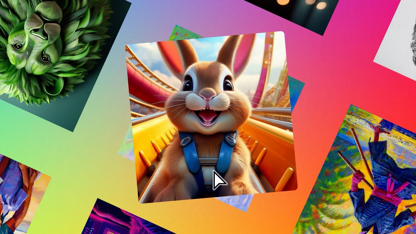 Colourful Adobe Firefly creative workspace artwork with AI-generated animals and illustrations.