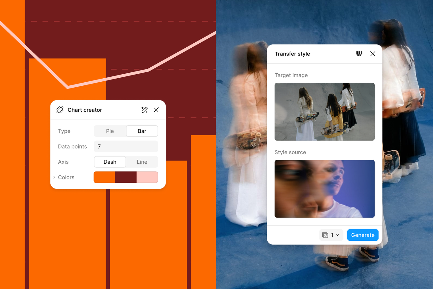 Figma interface showing AI chart creation and AI style transfer controls.