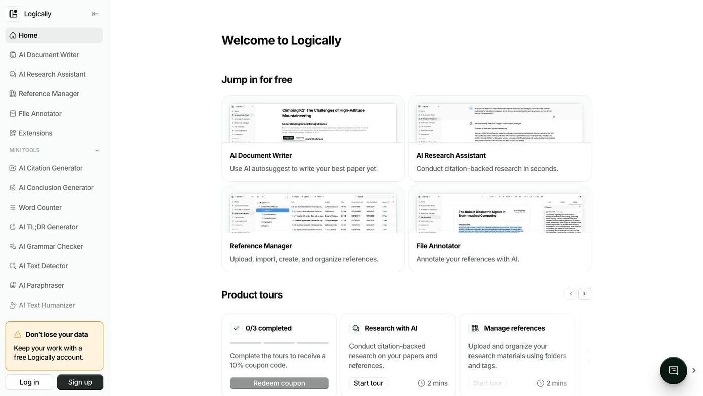 Logically research workspace for working with sources and AI-assisted writing.