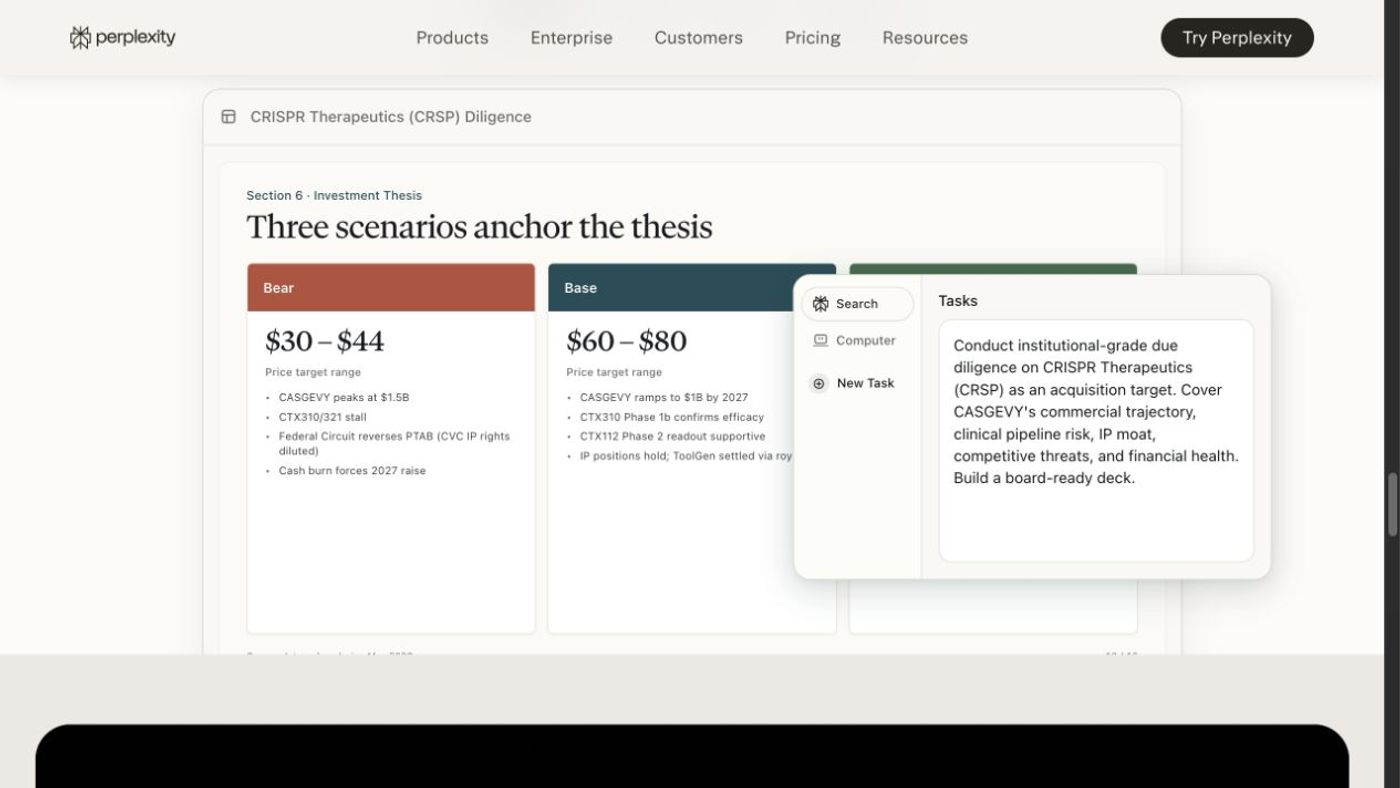 Perplexity research workflow showing a diligence report with scenario analysis beside a task prompt