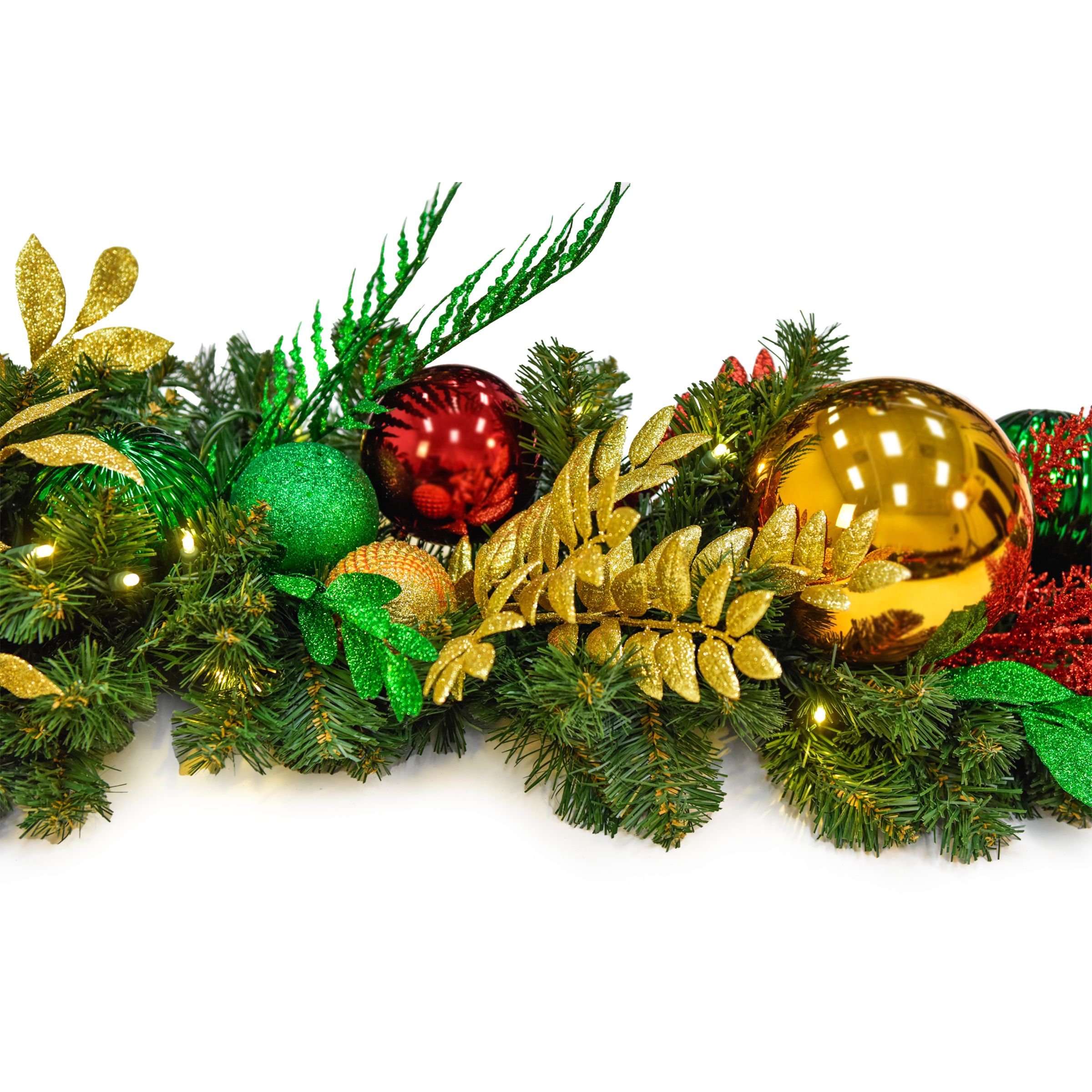 Gold, green, & red pre-decorated Christmas garland