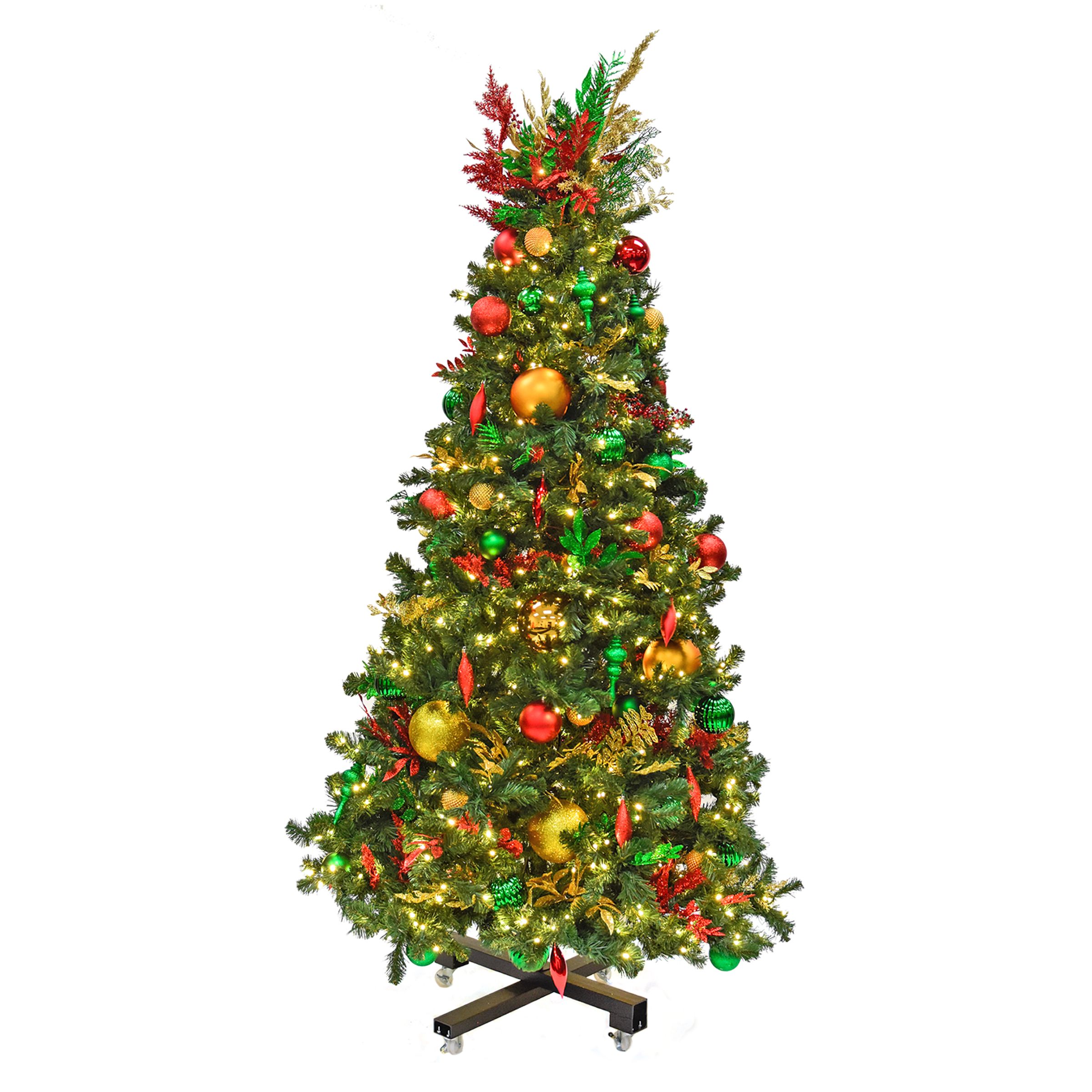 Gold, green, and red Christmas tree, lights on - Mistletoe Magic