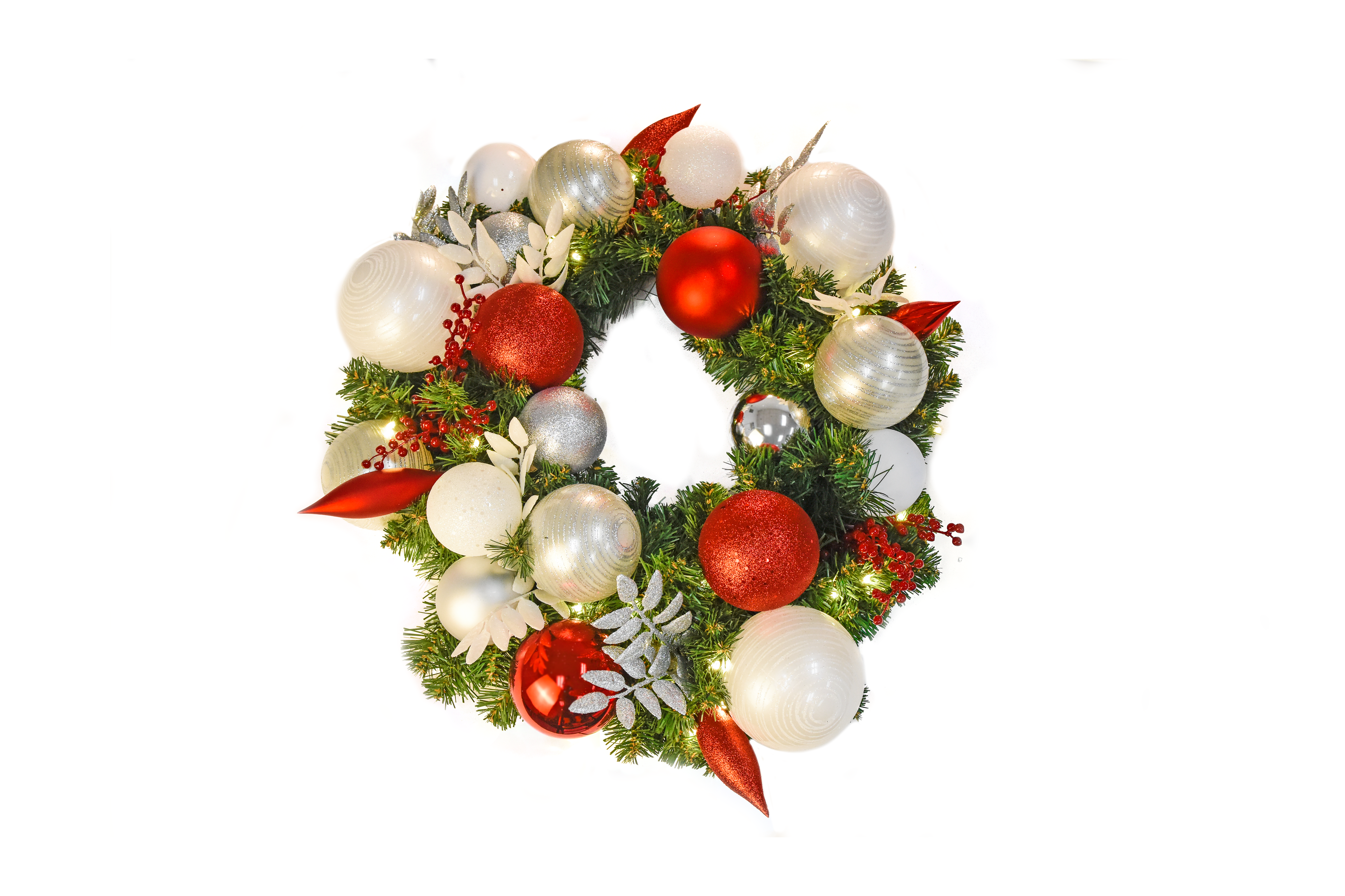 Red, silver, & white pre-decorated Christmas wreath