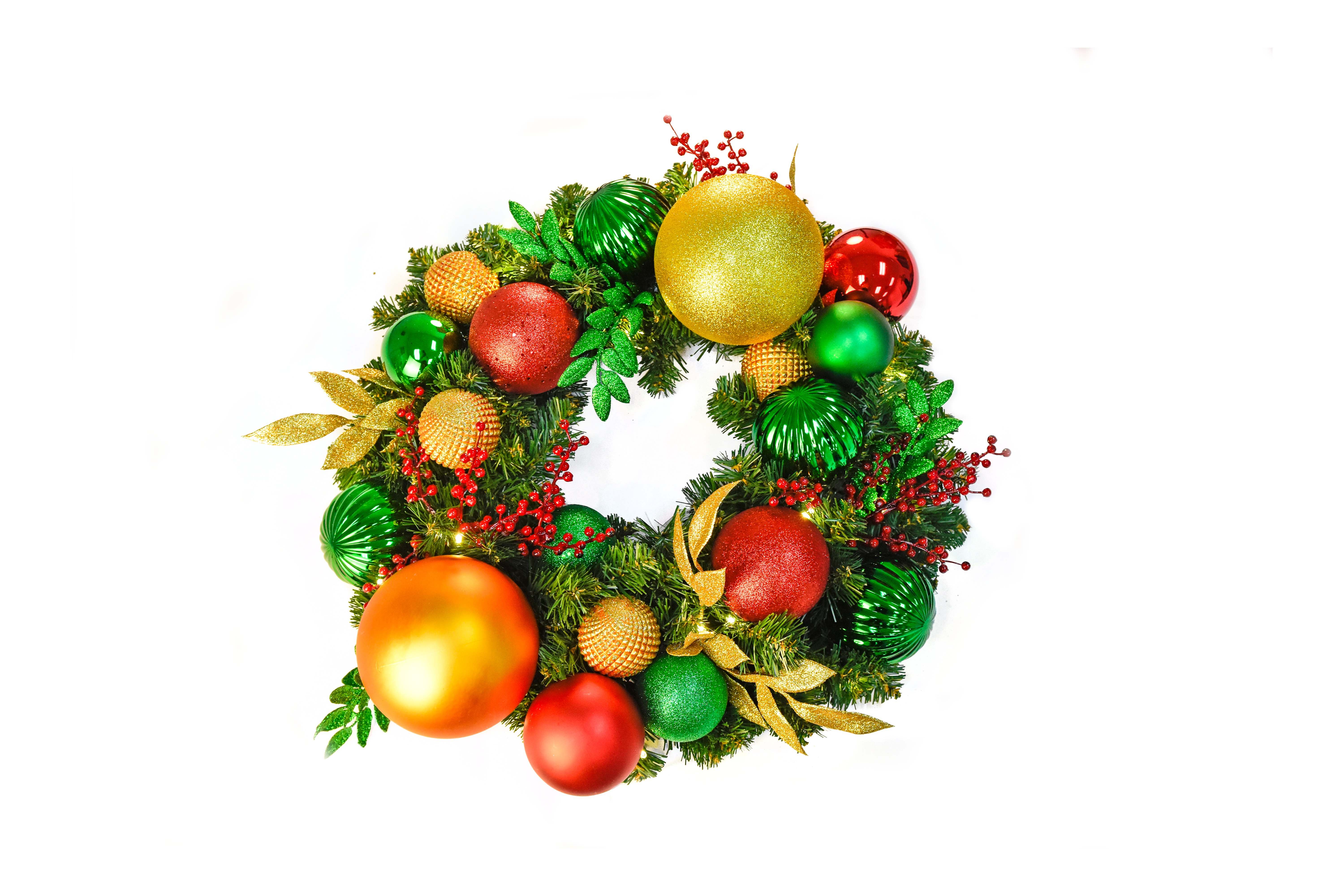 Gold, green, & red pre-decorated Christmas wreath