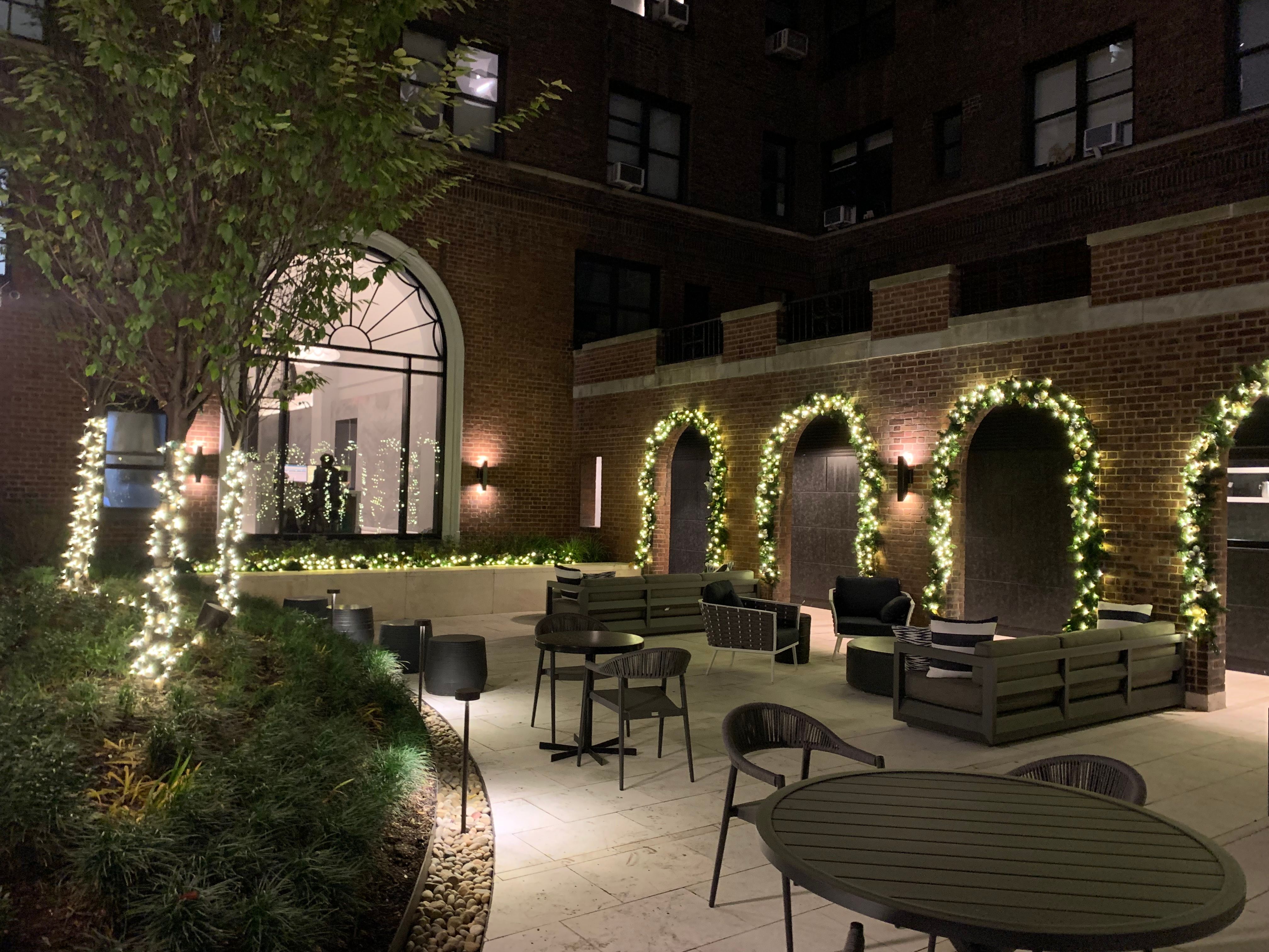Building lobby courtyard at night