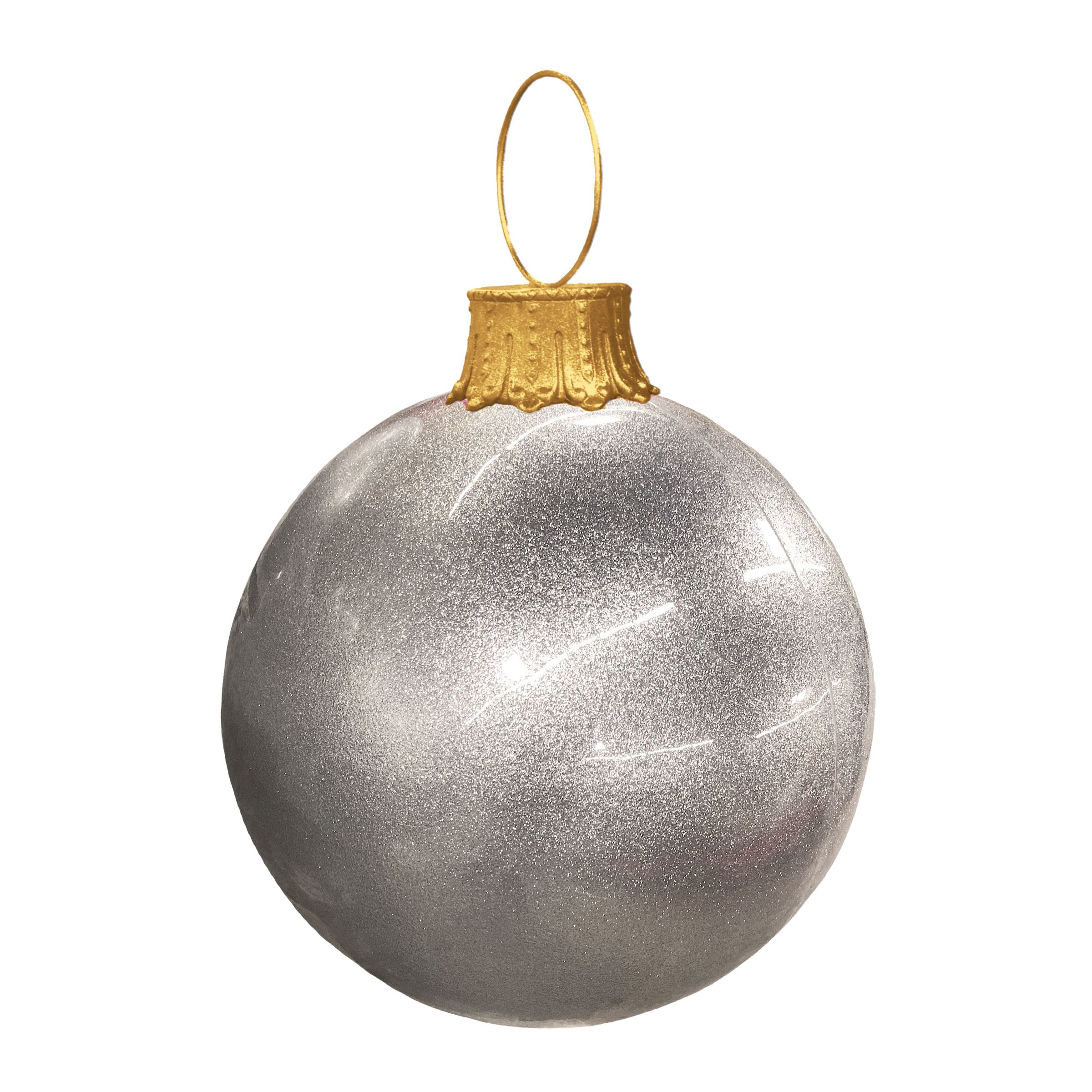 Oversized fiberglass ball ornament in silver paint with glitter finish and gold cap