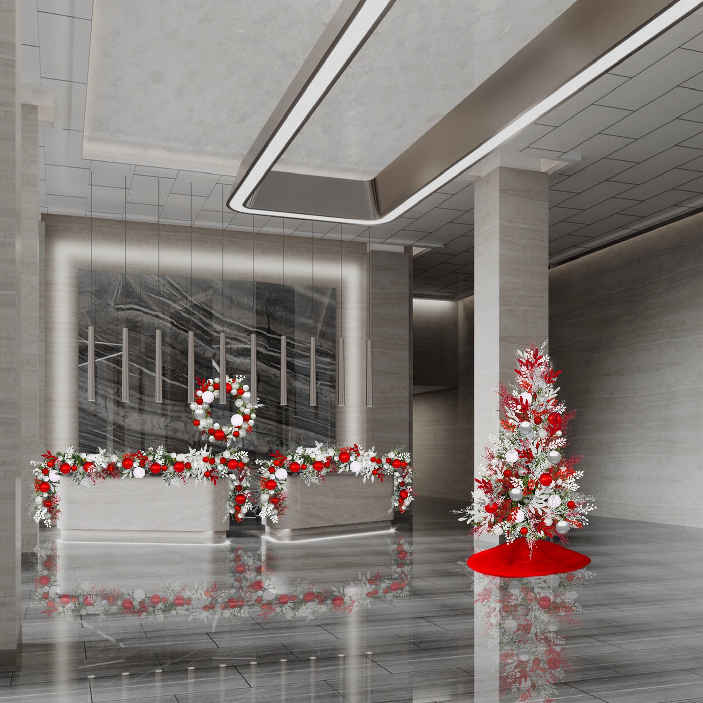 Red, Silver, & White Christmas tree in lobby 